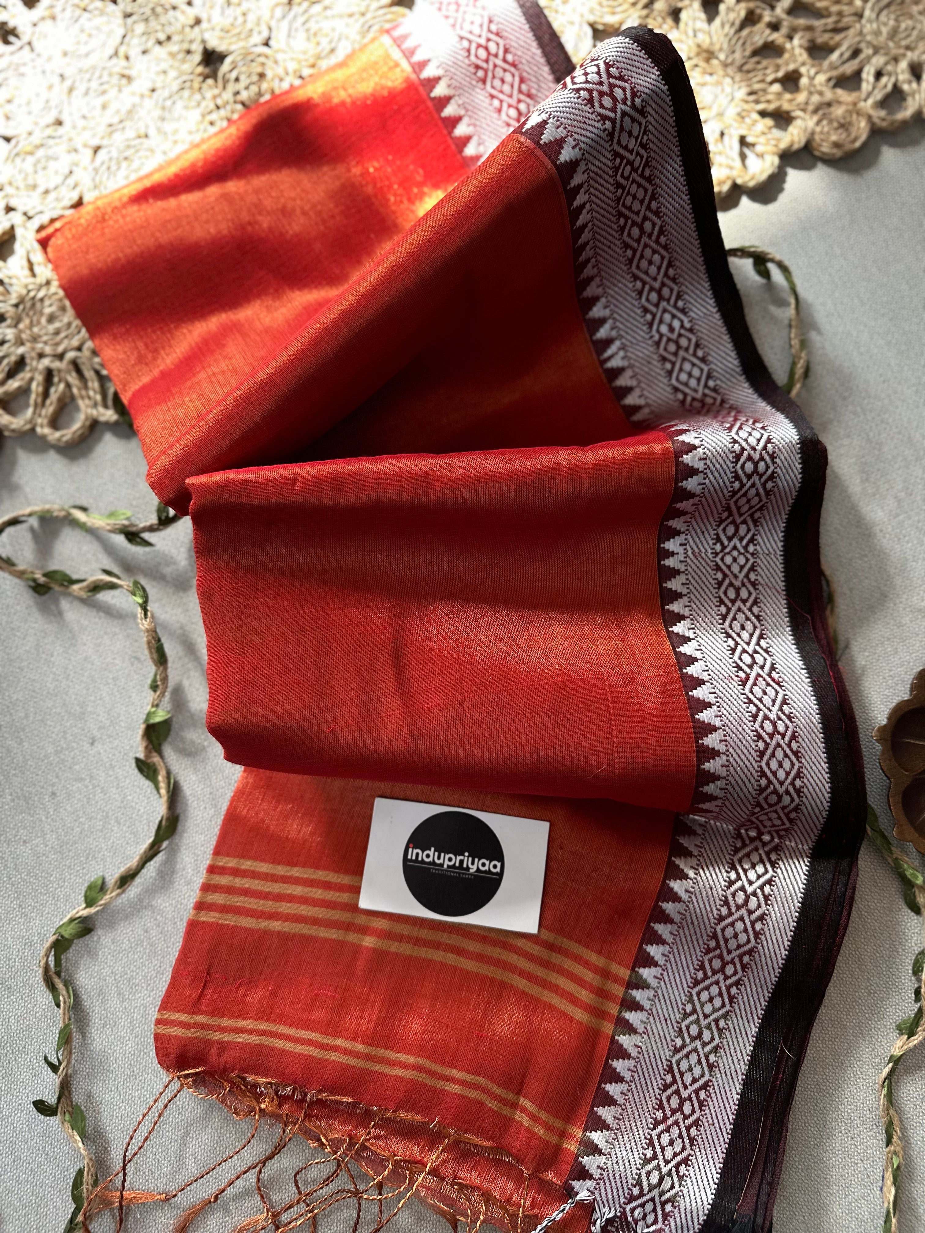 Indupriyaa Orange Temple Designe  Handloom Raga Tissue Saree