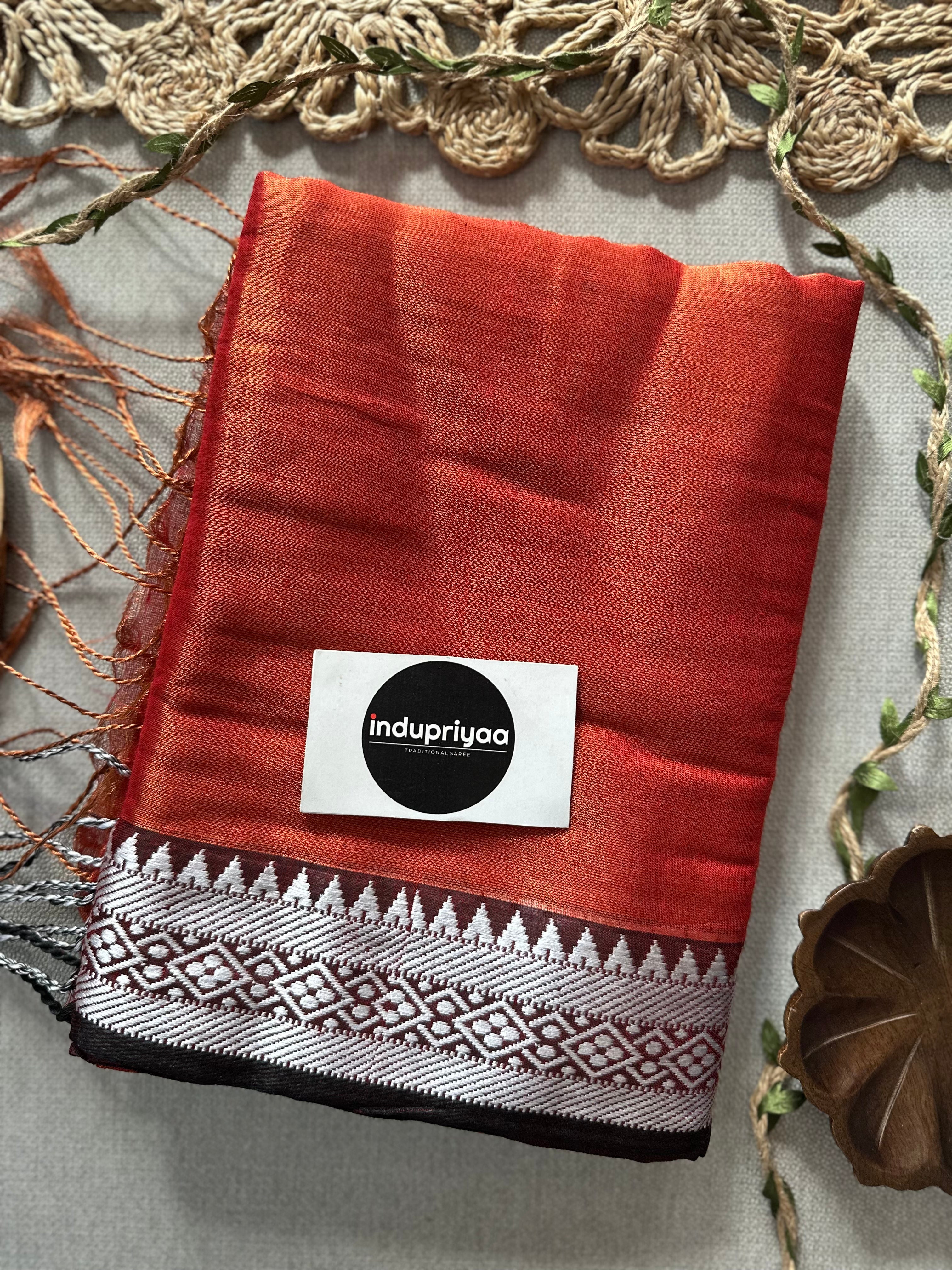 Indupriyaa Orange Temple Designe  Handloom Raga Tissue Saree