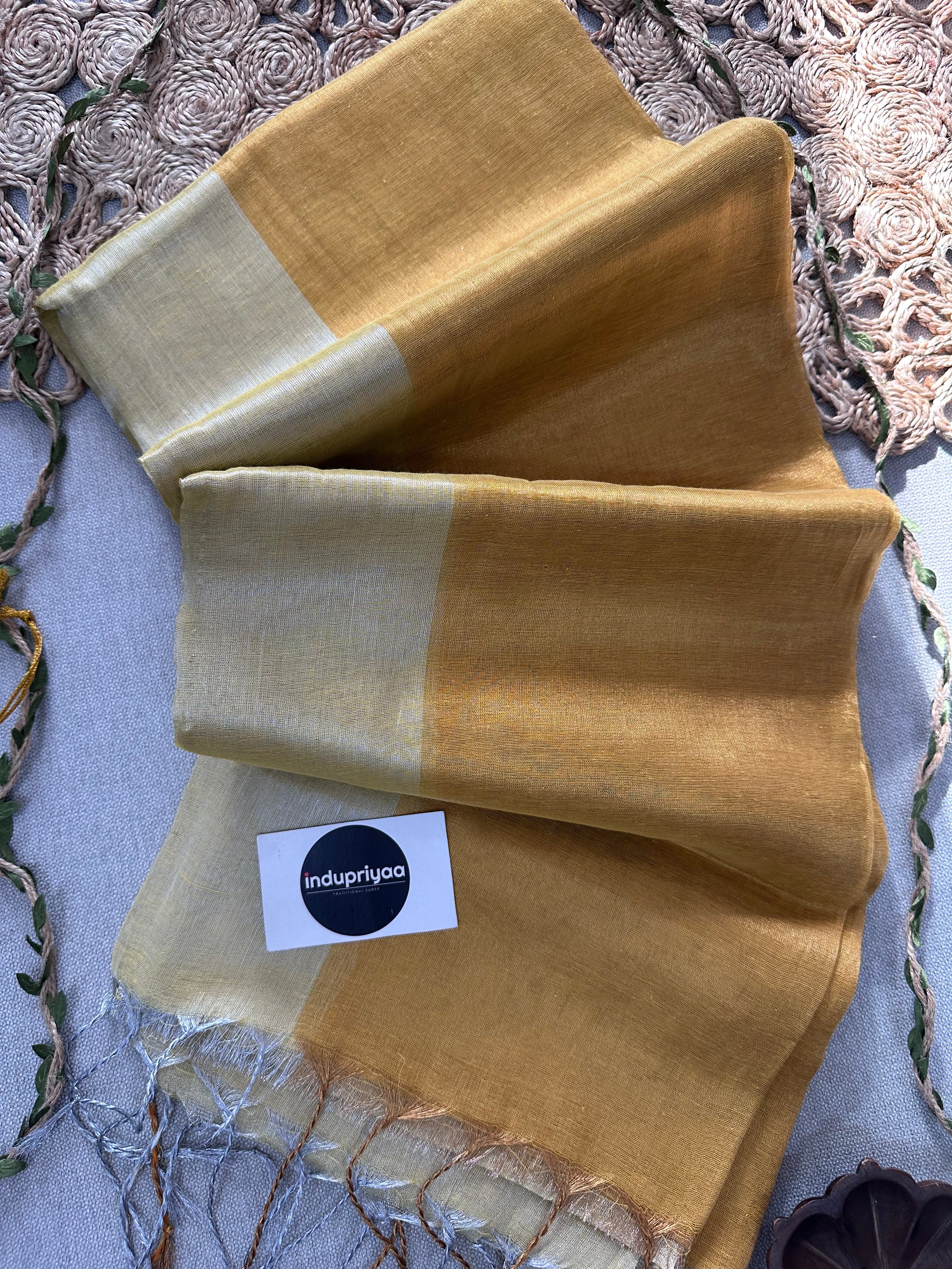 Chiku Nd Yellow Half N Half Designe  Handloom Raga Tissue Saree