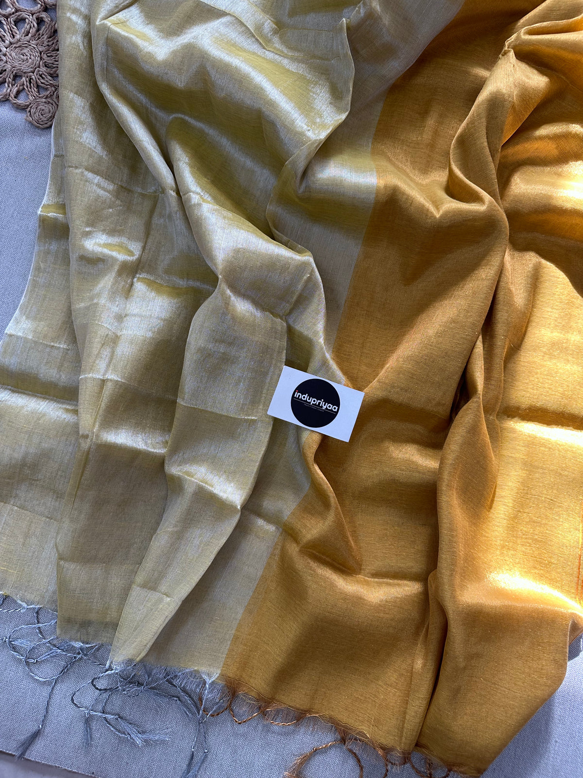 Chiku Nd Yellow Half N Half Designe  Handloom Raga Tissue Saree