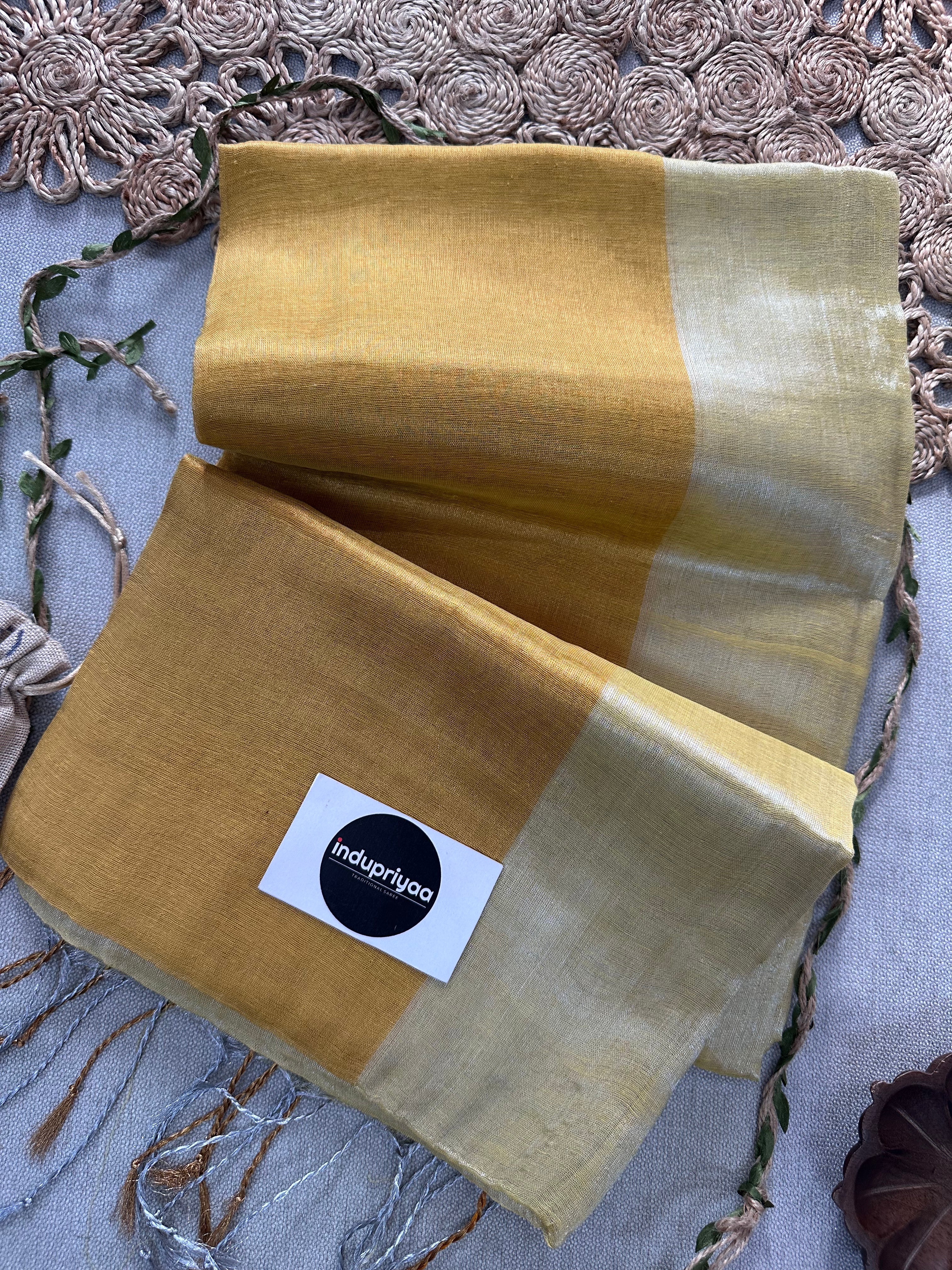 Chiku Nd Yellow Half N Half Designe  Handloom Raga Tissue Saree