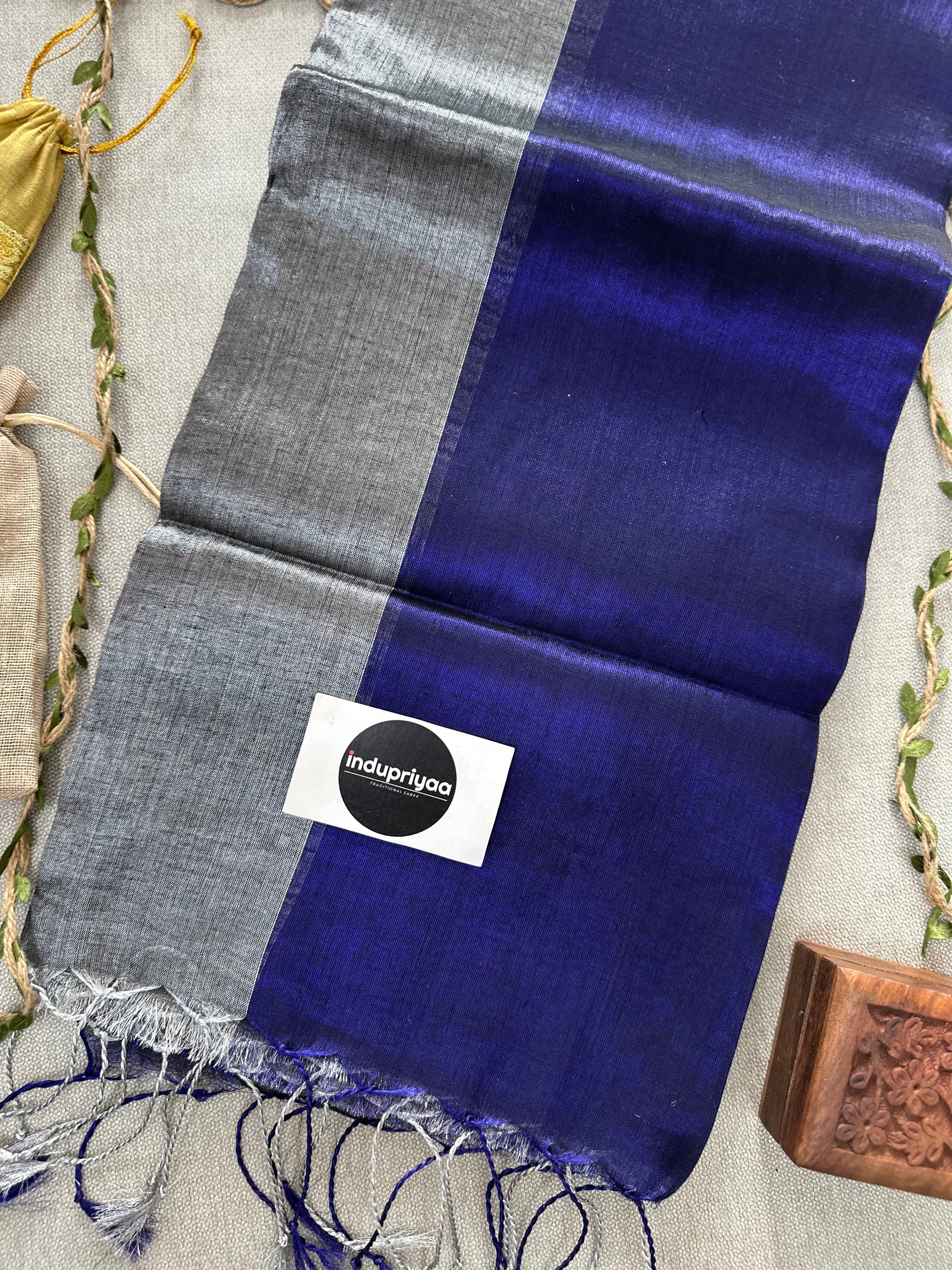 Royal Blue Nd Grey Half N Half Designe  Handloom Raga Tissue Saree