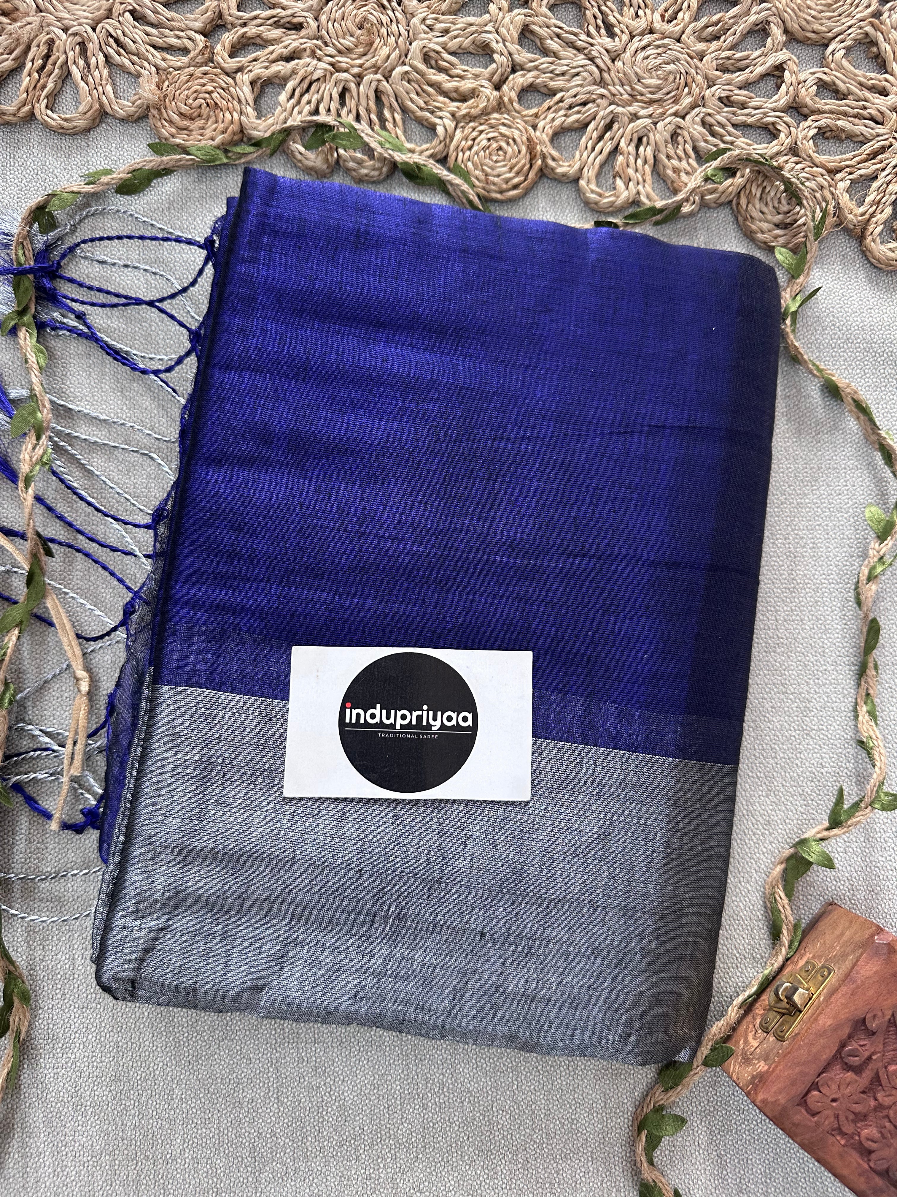 Royal Blue Nd Grey Half N Half Designe  Handloom Raga Tissue Saree