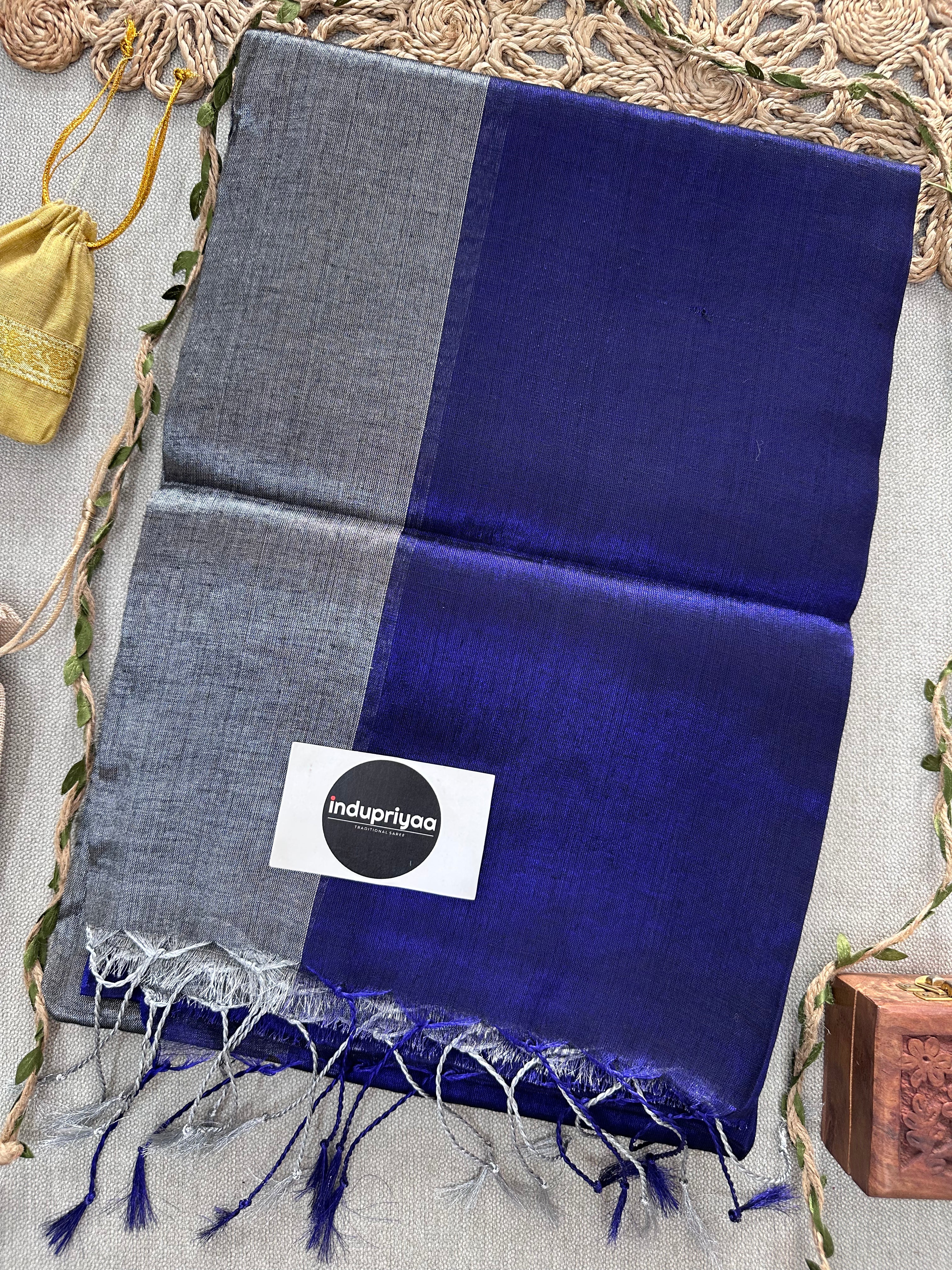 Royal Blue Nd Grey Half N Half Designe  Handloom Raga Tissue Saree