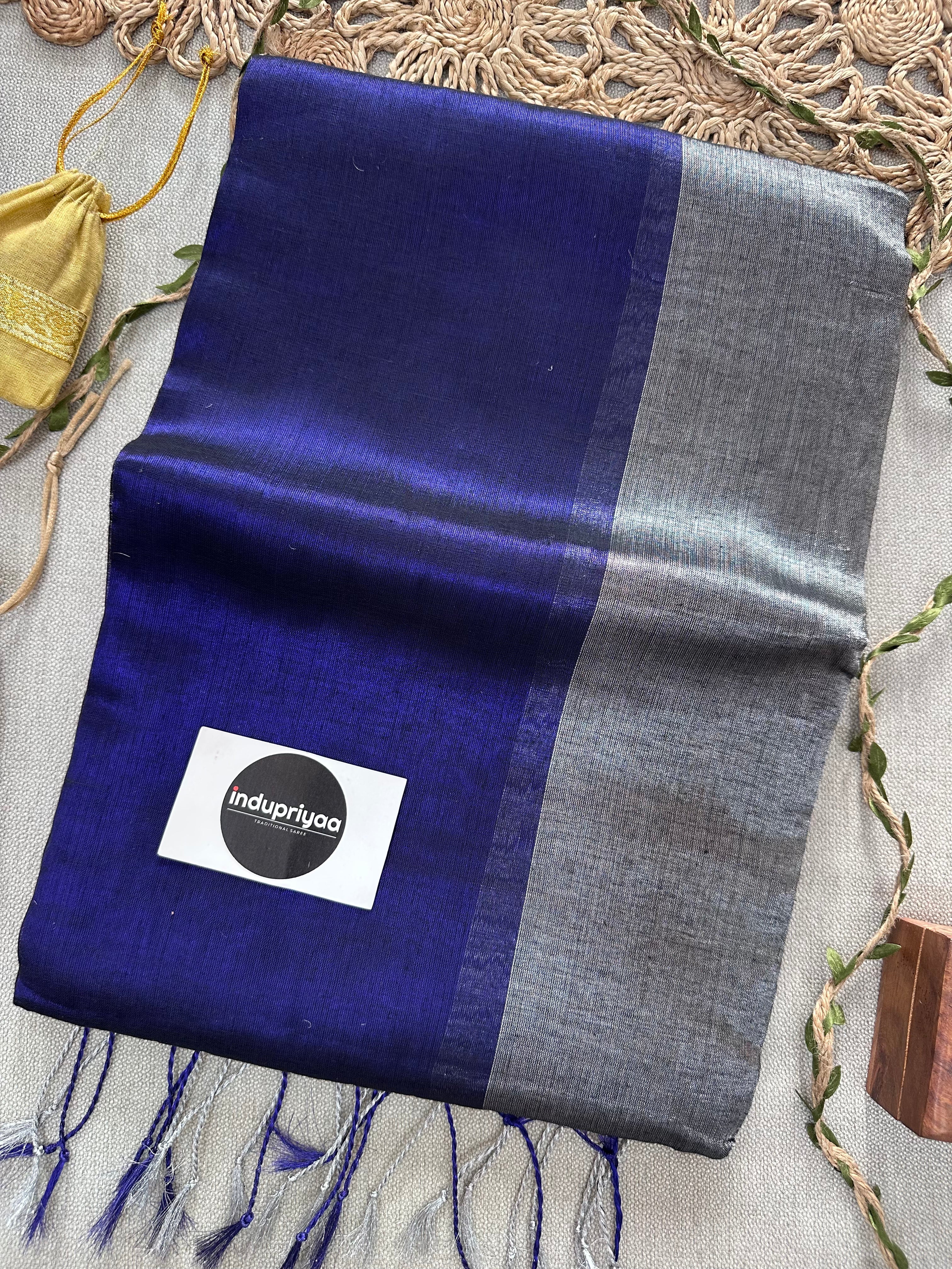 Royal Blue Nd Grey Half N Half Designe  Handloom Raga Tissue Saree