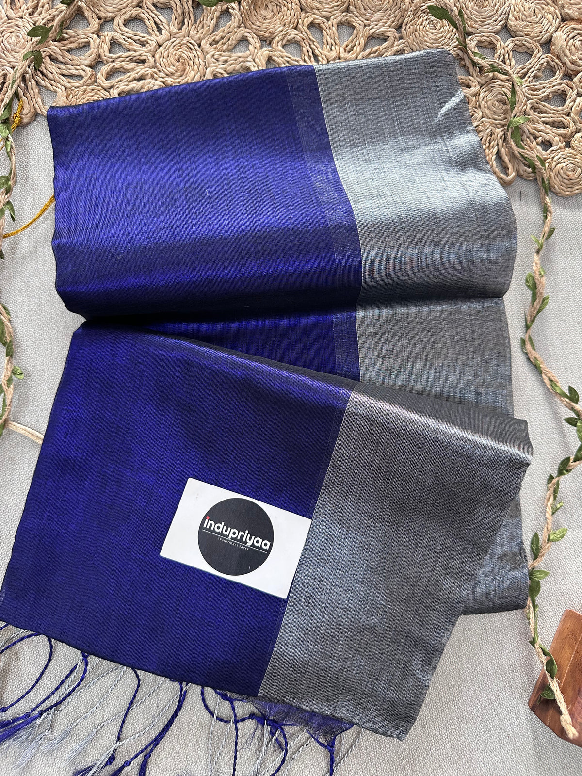 Royal Blue Nd Grey Half N Half Designe  Handloom Raga Tissue Saree