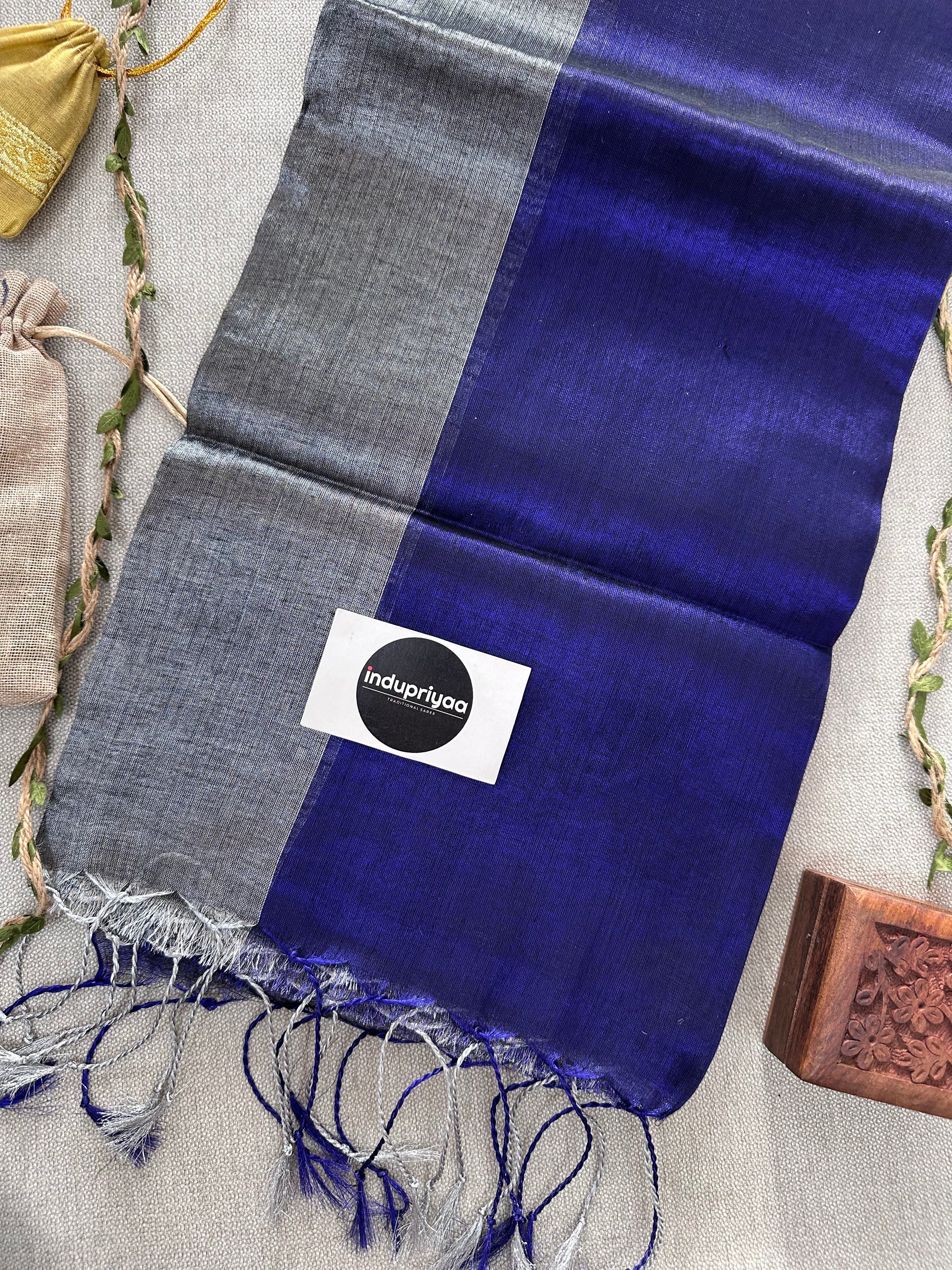 Royal Blue Nd Grey Half N Half Designe  Handloom Raga Tissue Saree