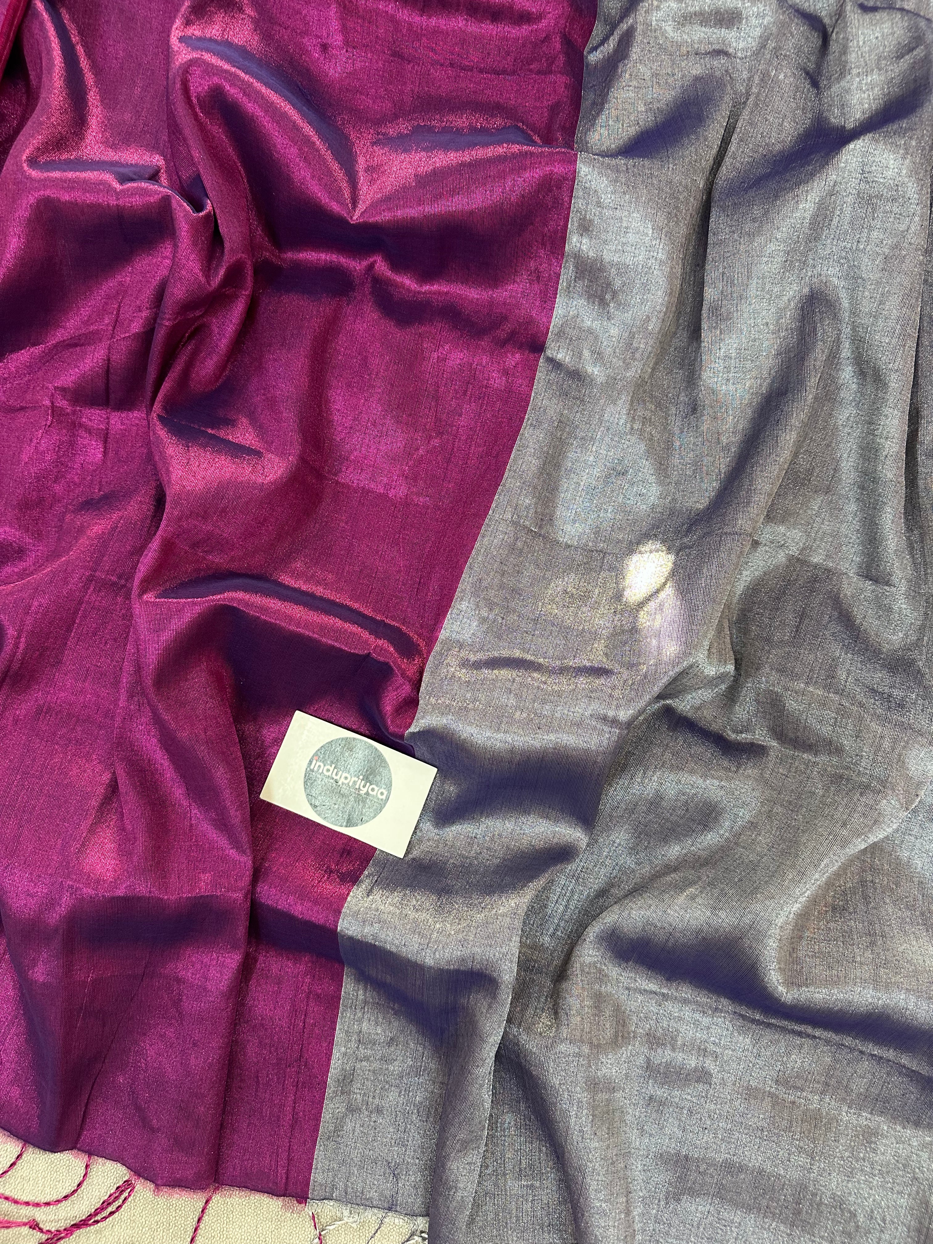 Wine Nd Grey Half N Half Designe  Handloom Raga Tissue Saree