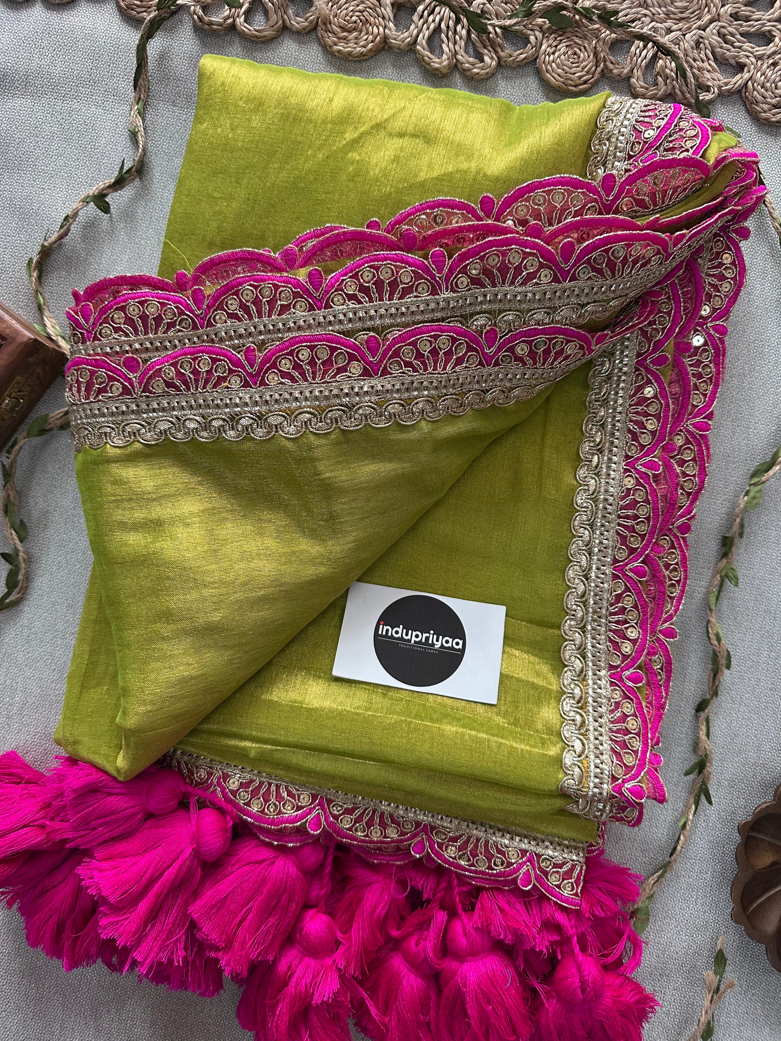 Pista Pink Designer  Handloom Raga Tissue Saree