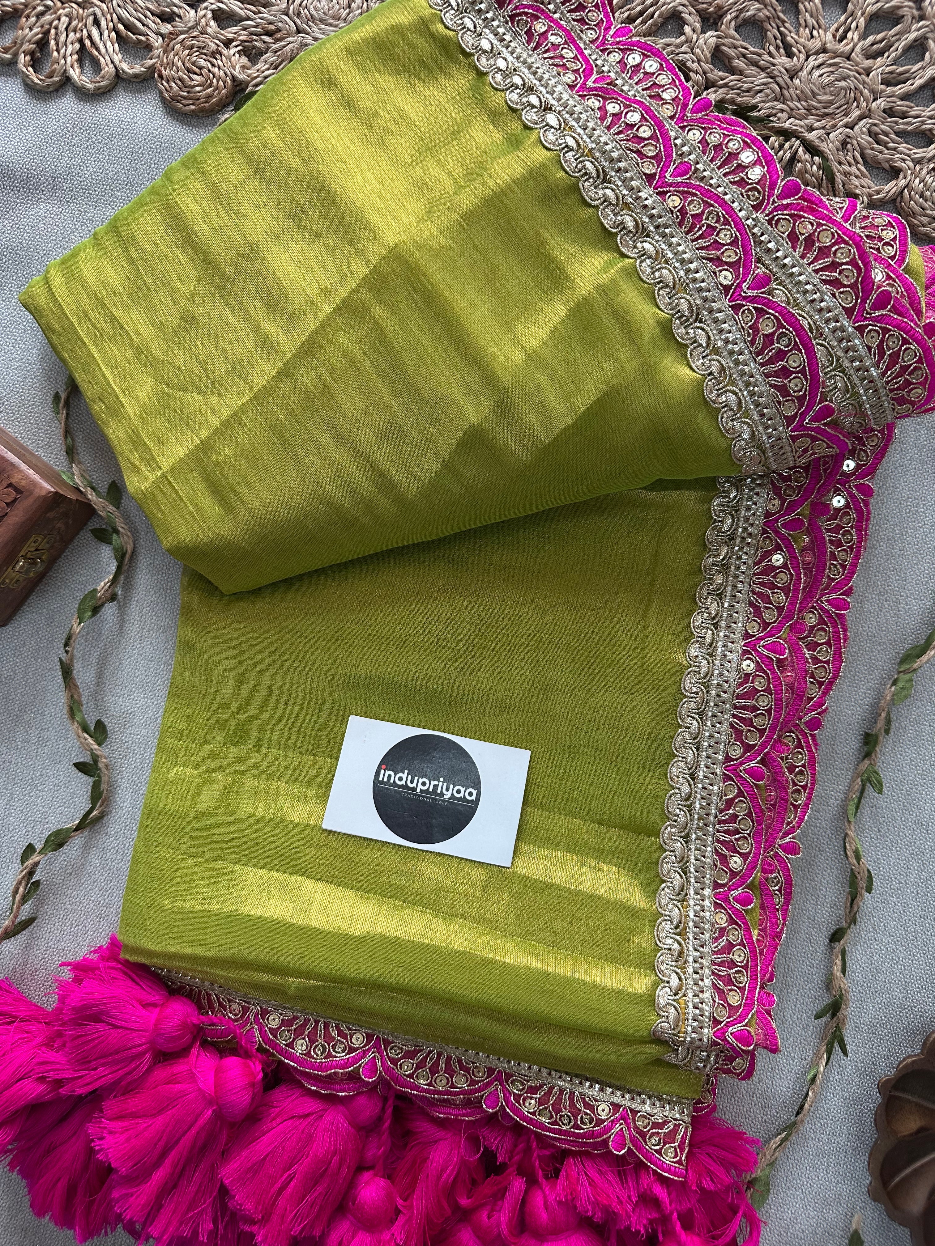 Pista Pink Designer  Handloom Raga Tissue Saree