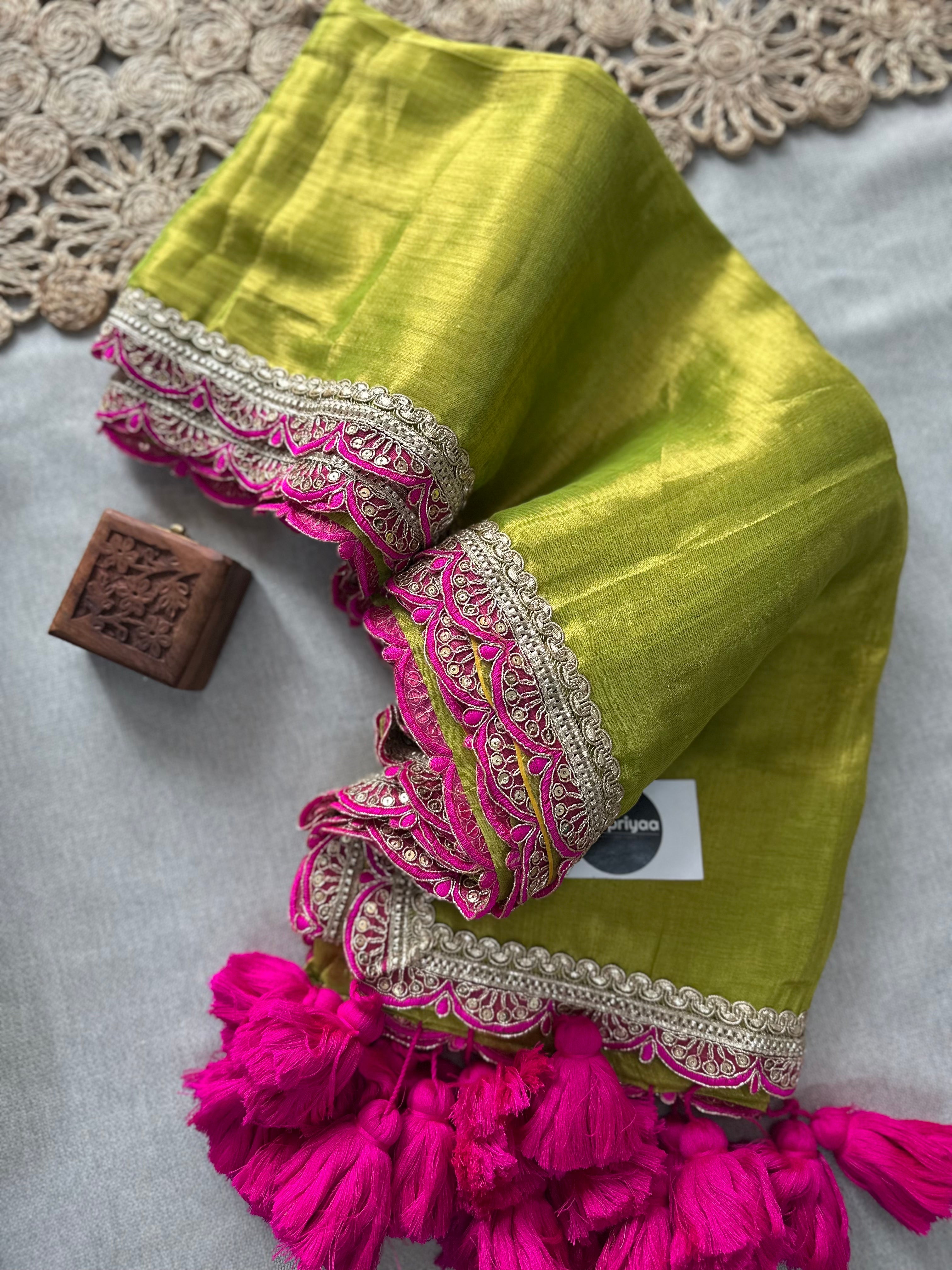 Pista Pink Designer  Handloom Raga Tissue Saree