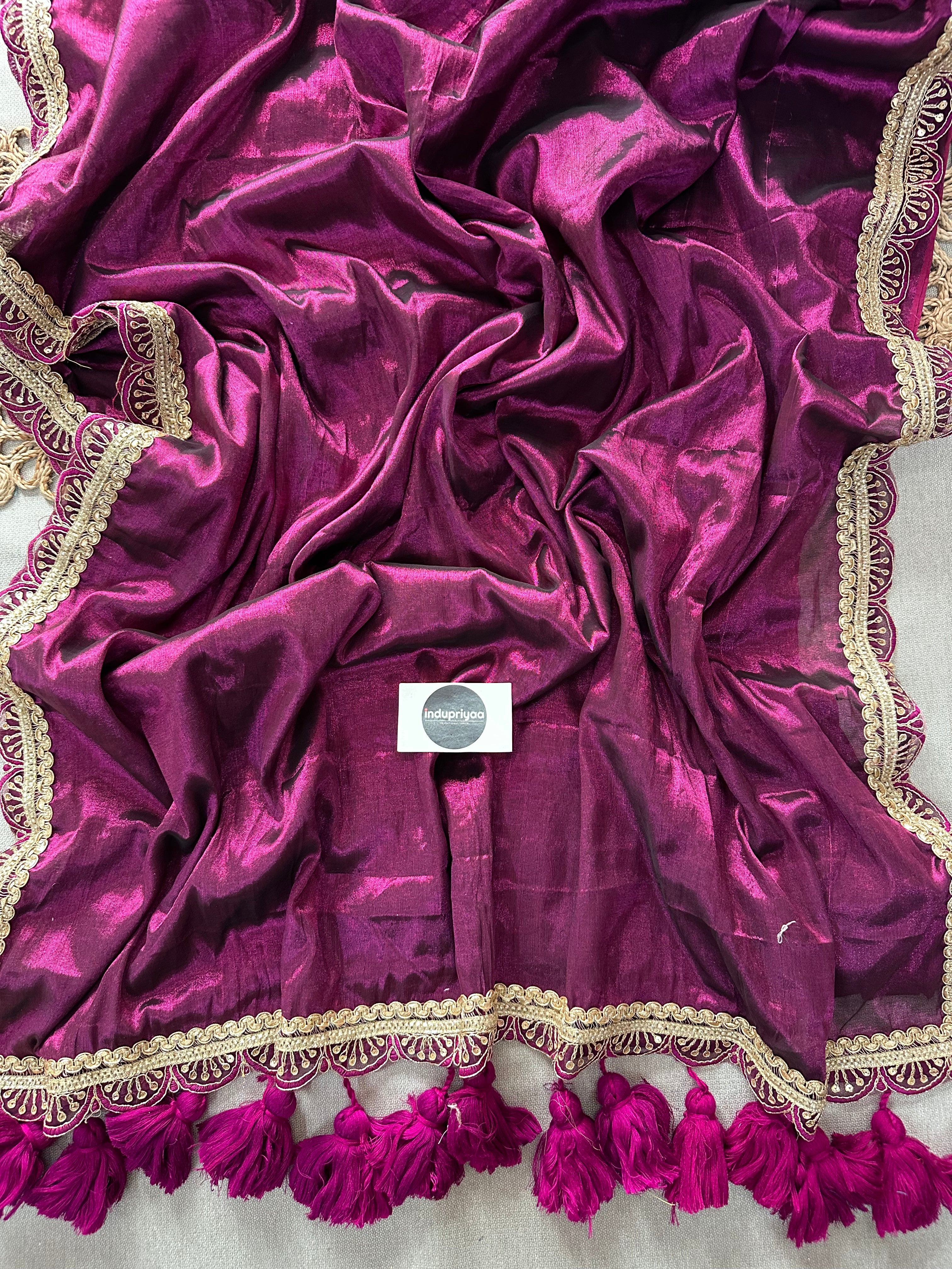 Wine  Designer  Handloom Raga Tissue Saree