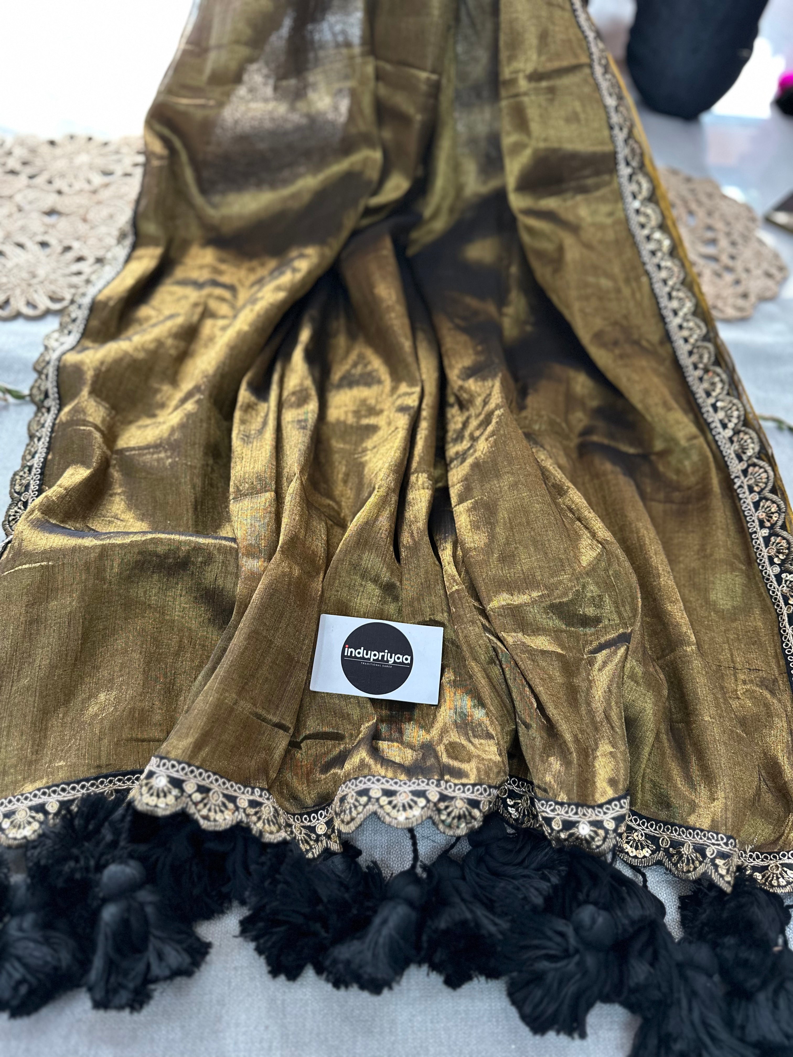 Gold Black Designer  Handloom Raga Tissue Saree