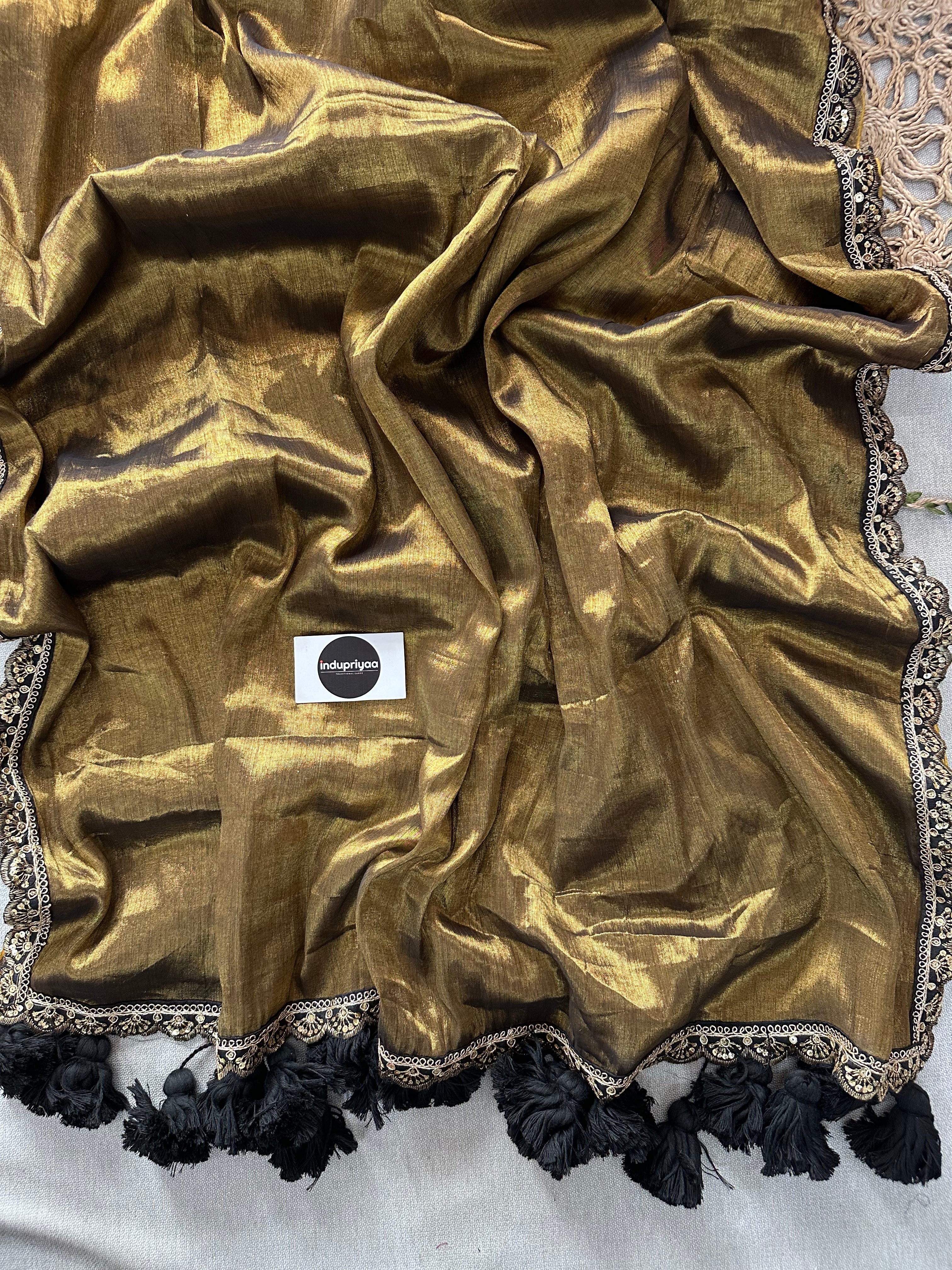 Gold Black Designer  Handloom Raga Tissue Saree