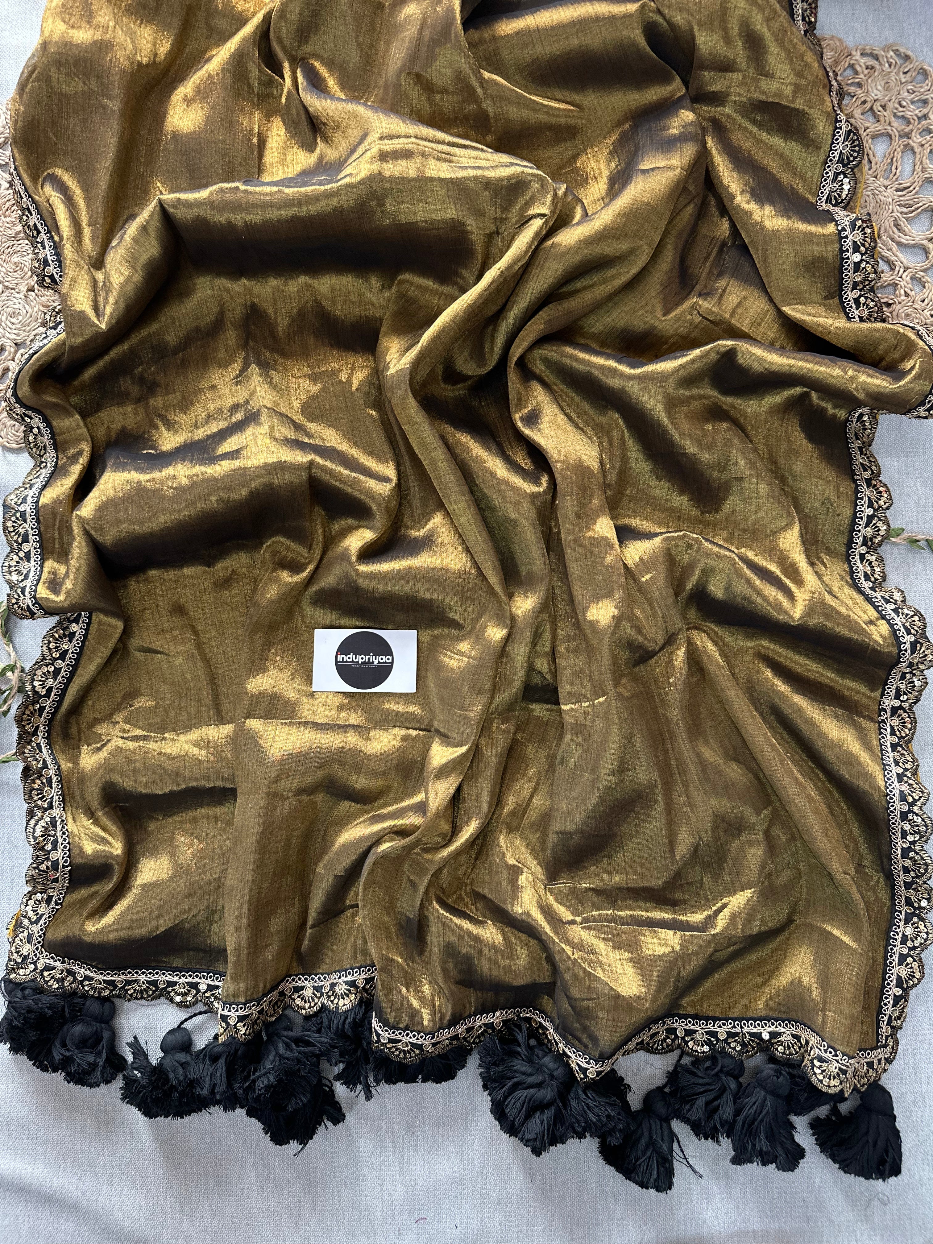 Gold Black Designer  Handloom Raga Tissue Saree