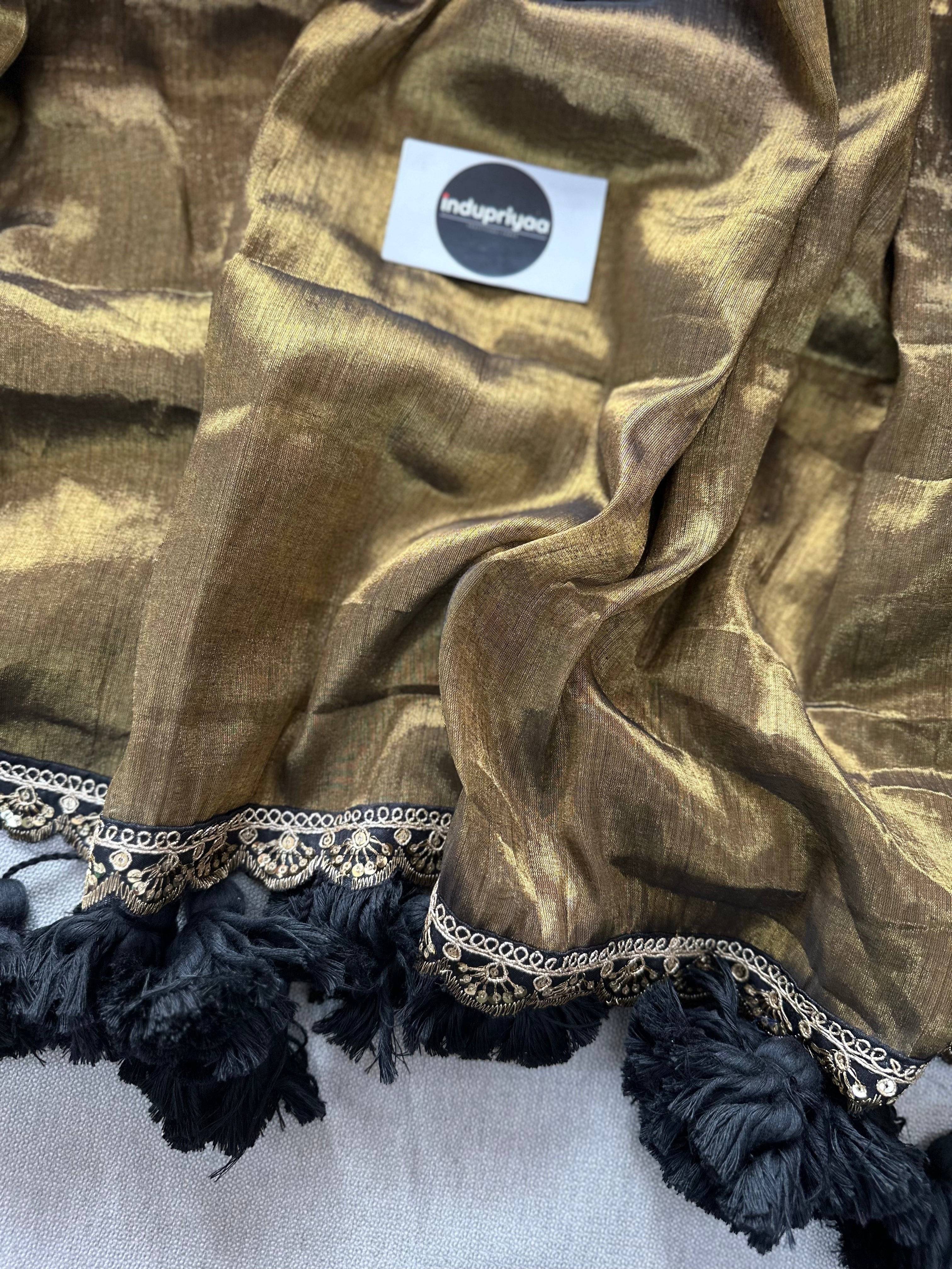 Gold Black Designer  Handloom Raga Tissue Saree