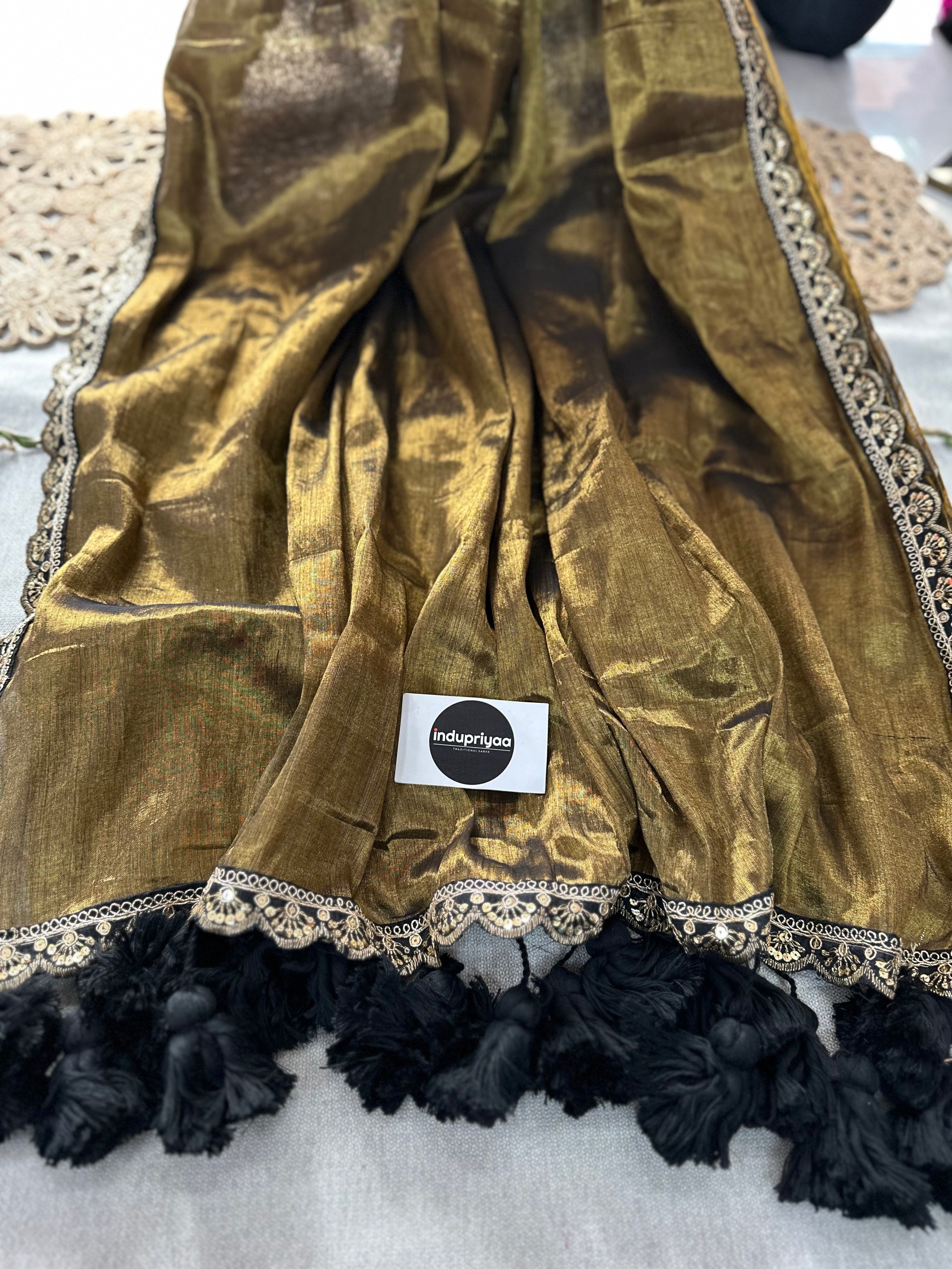 Gold Black Designer  Handloom Raga Tissue Saree