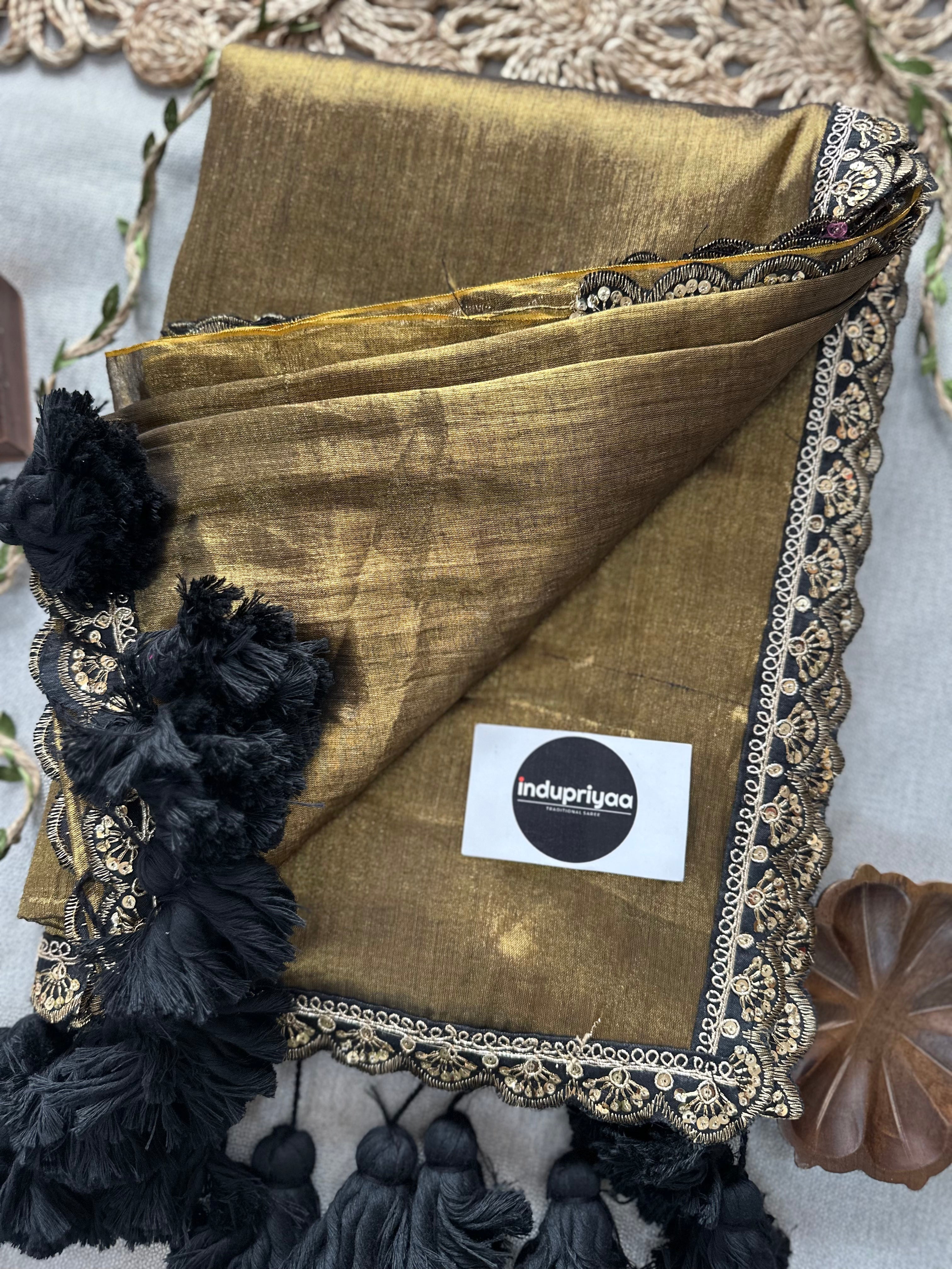 Gold Black Designer  Handloom Raga Tissue Saree