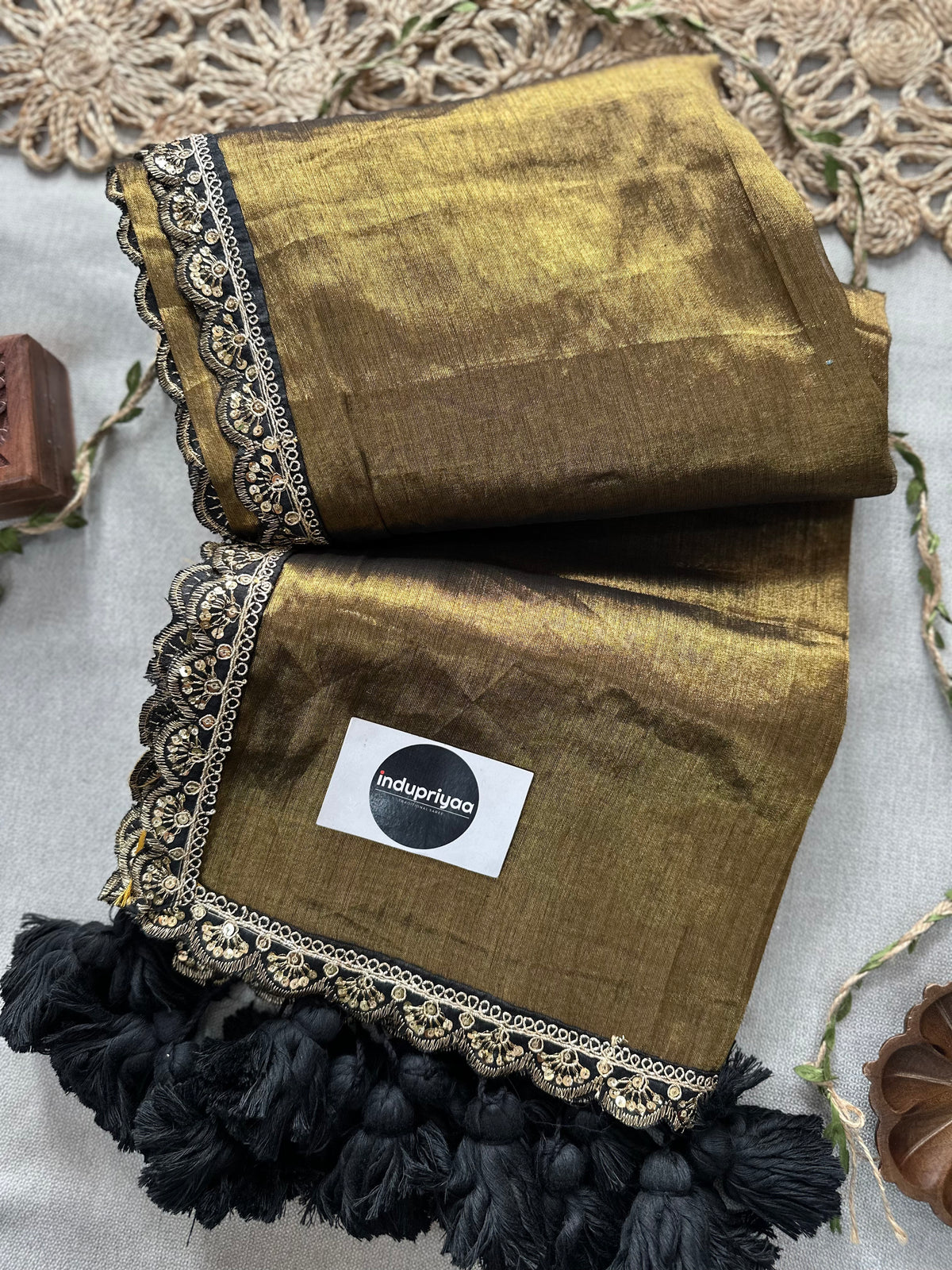 Gold Black Designer  Handloom Raga Tissue Saree