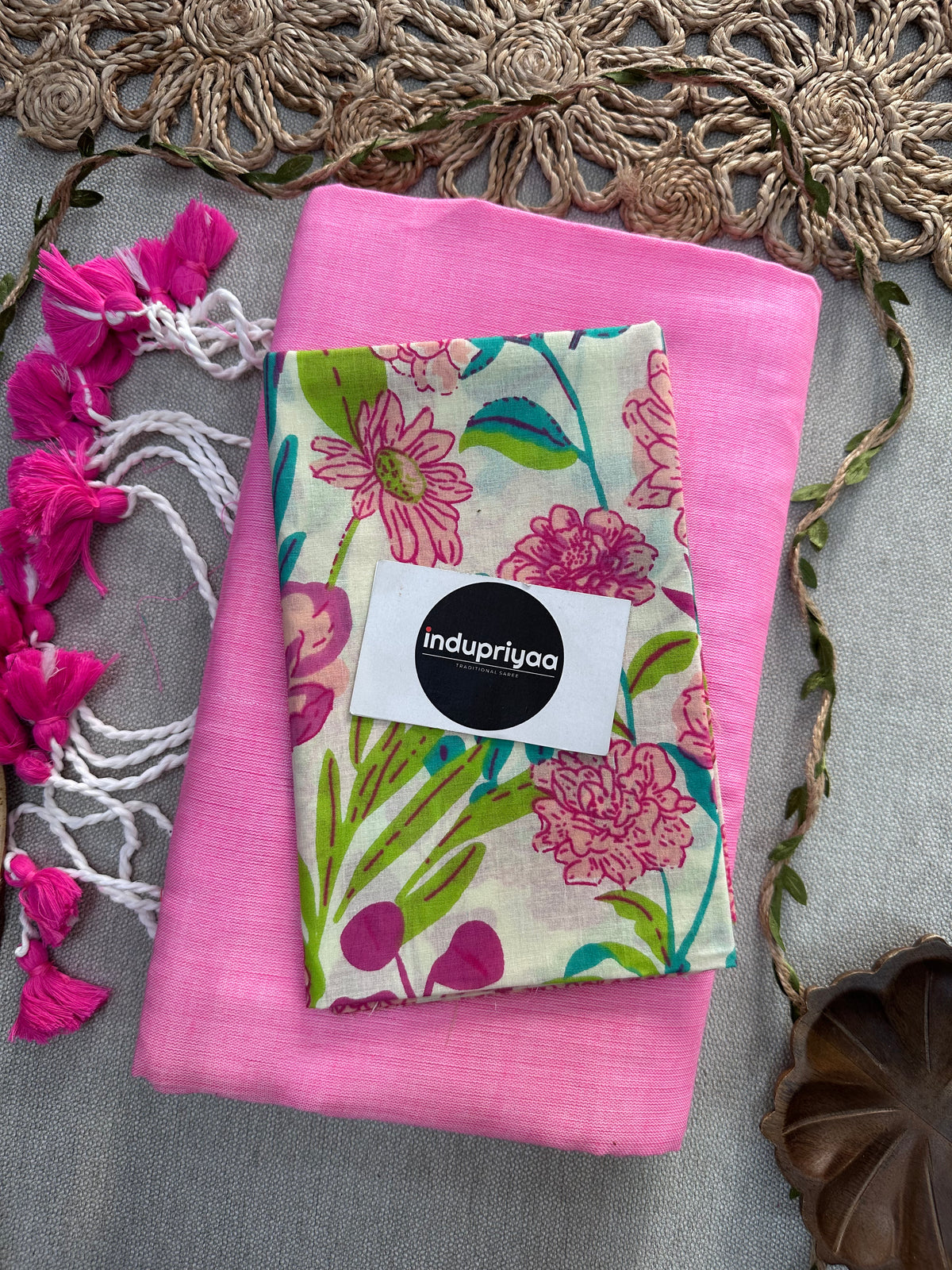 Baby Pink Handloom Cotton Saree With Flower Print Blouse