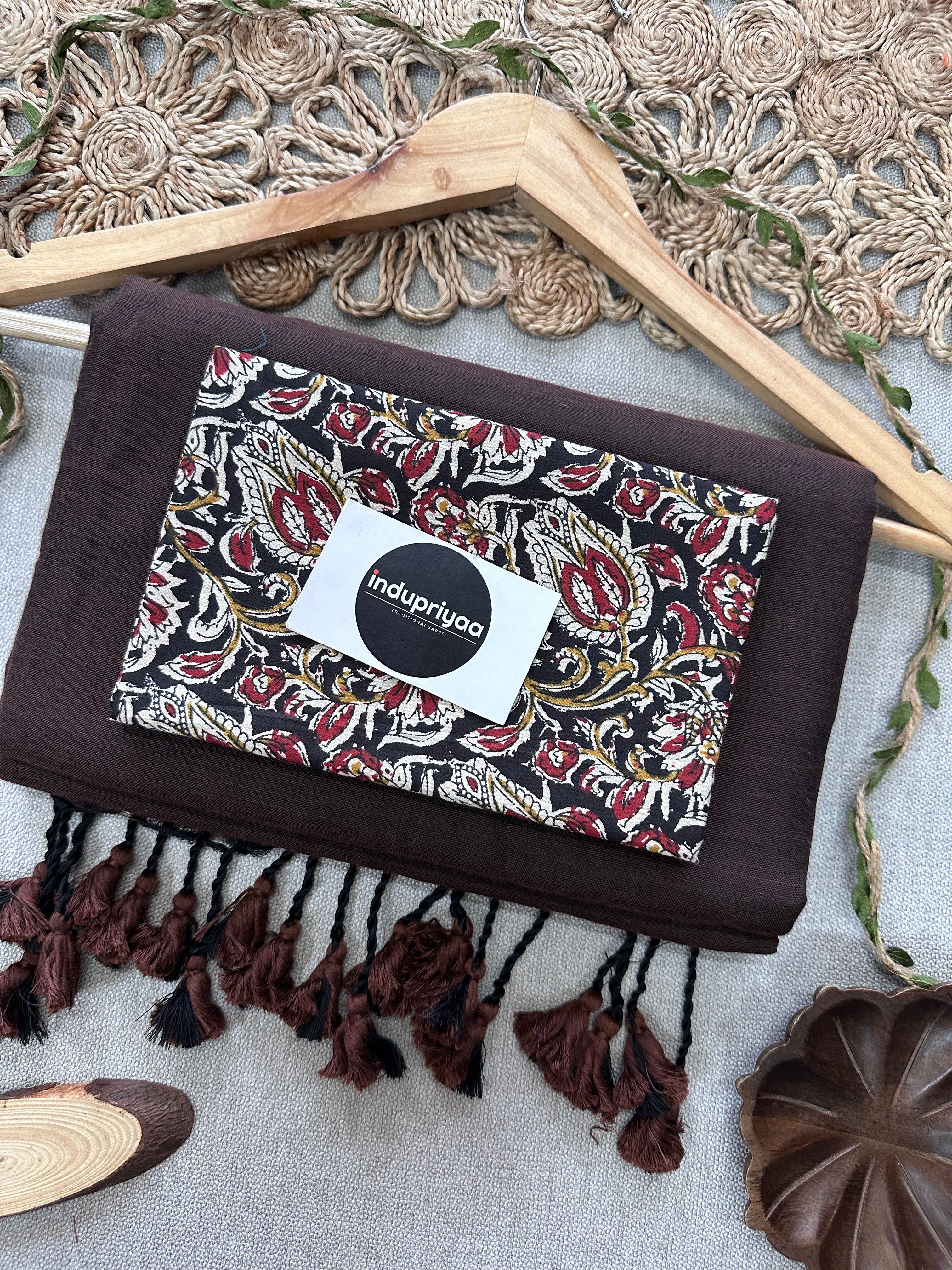 Brown Handloom Cotton Saree With Kalmkari Print Blouse