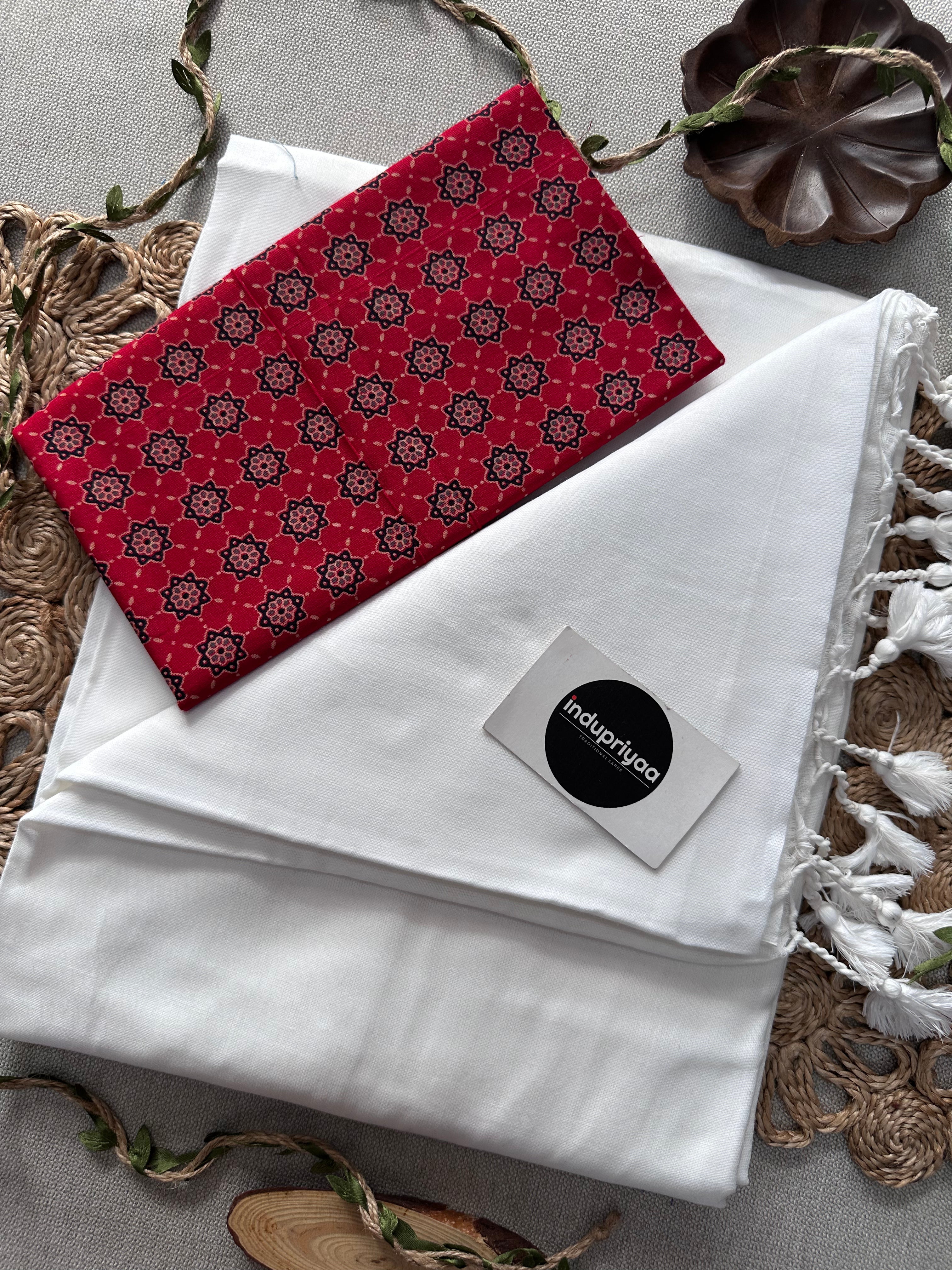 White  Handloom Cotton Saree With Red Print Blouse