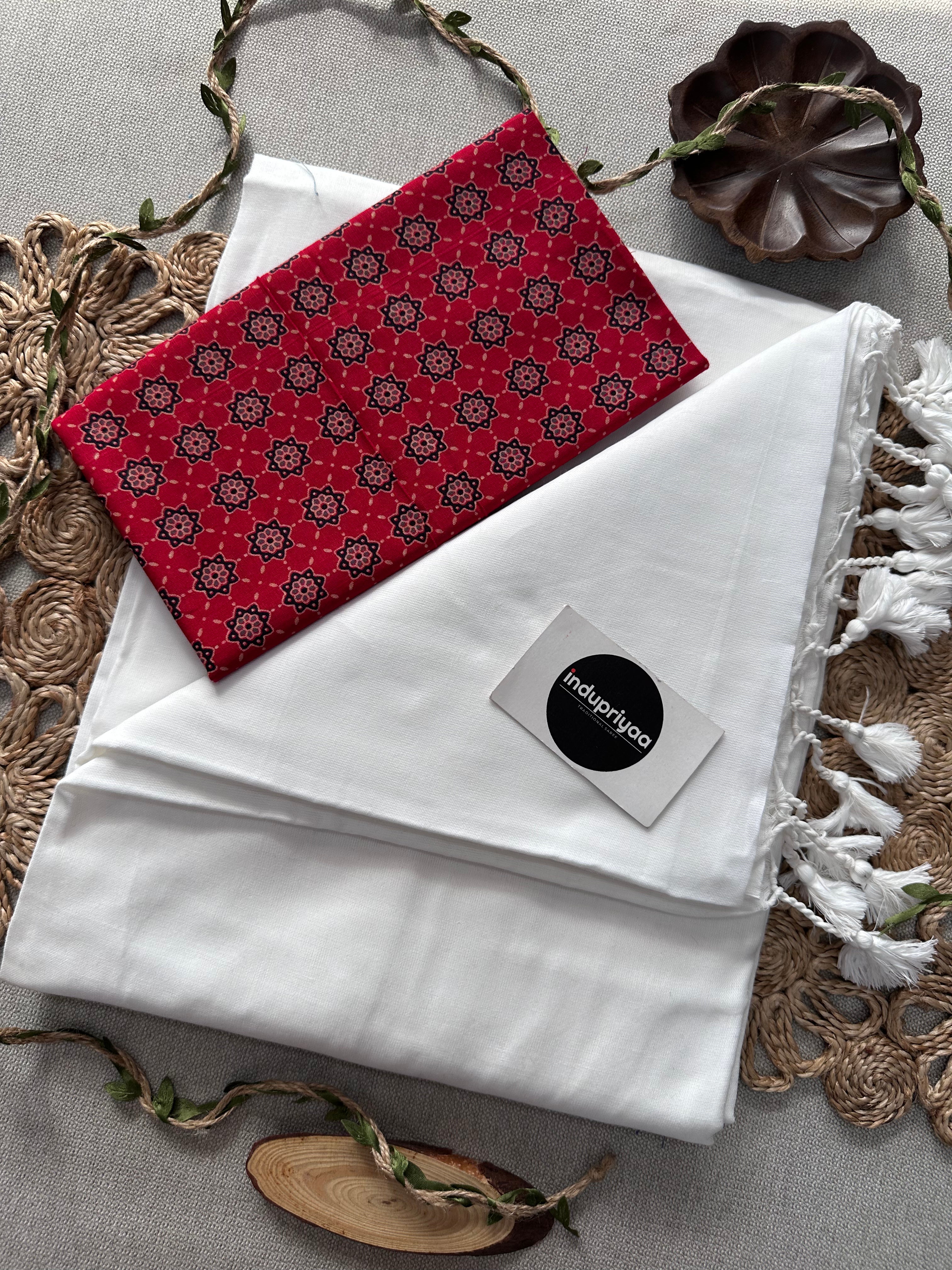 White  Handloom Cotton Saree With Red Print Blouse