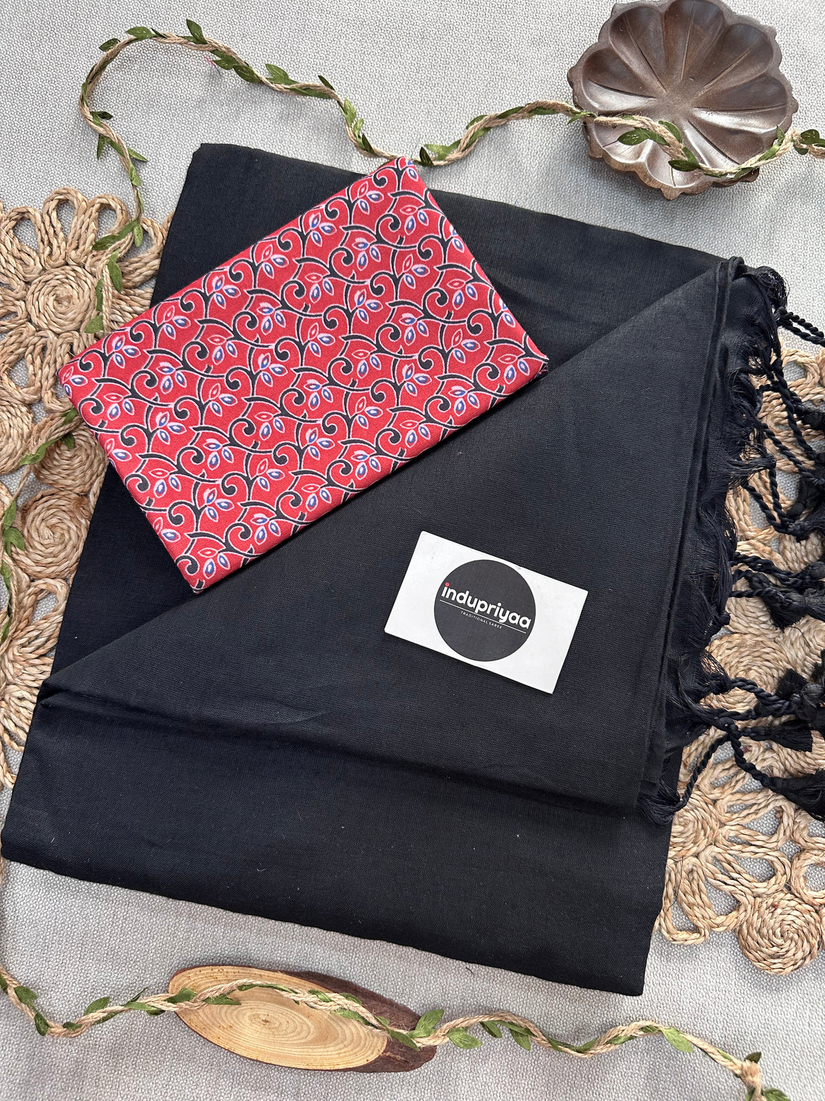 Black Handloom Cotton Saree With Red Print Blouse