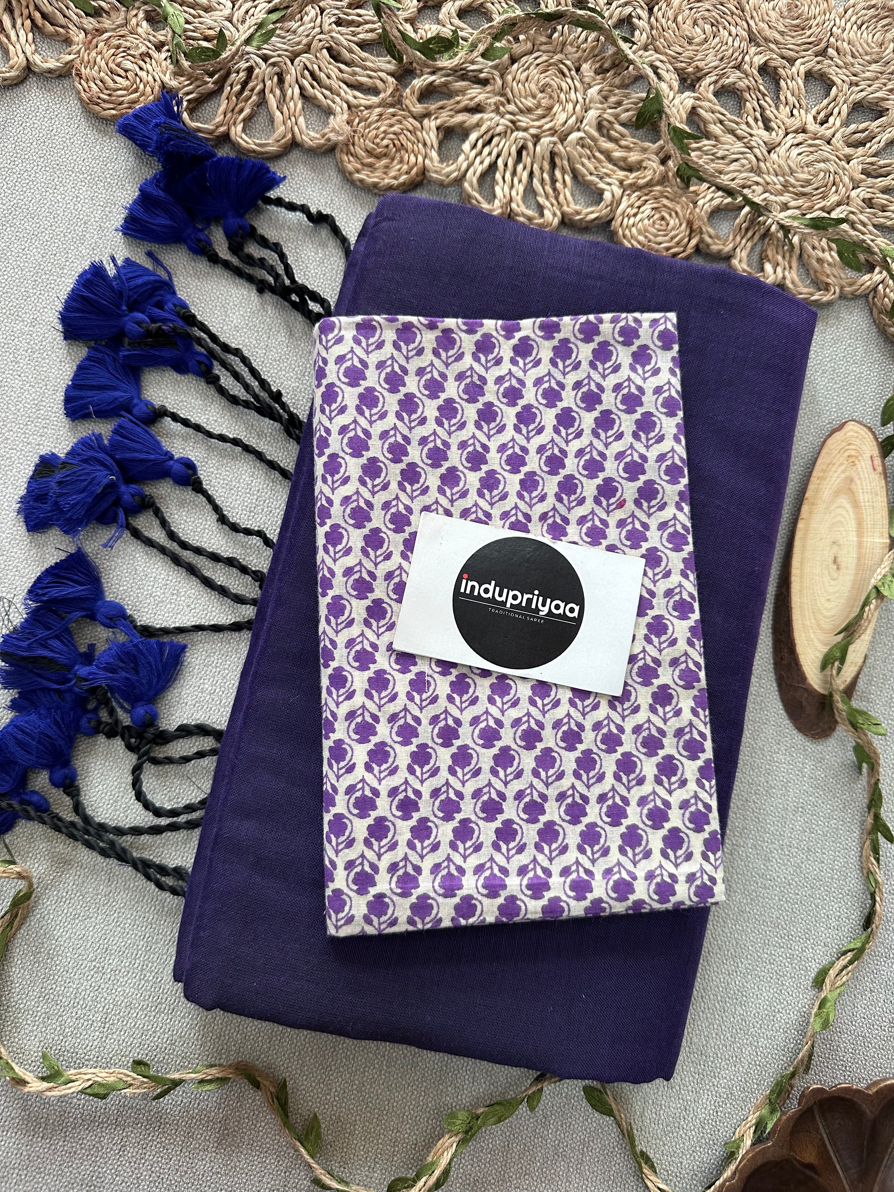 Purple Handloom Cotton Saree With White Print Blouse