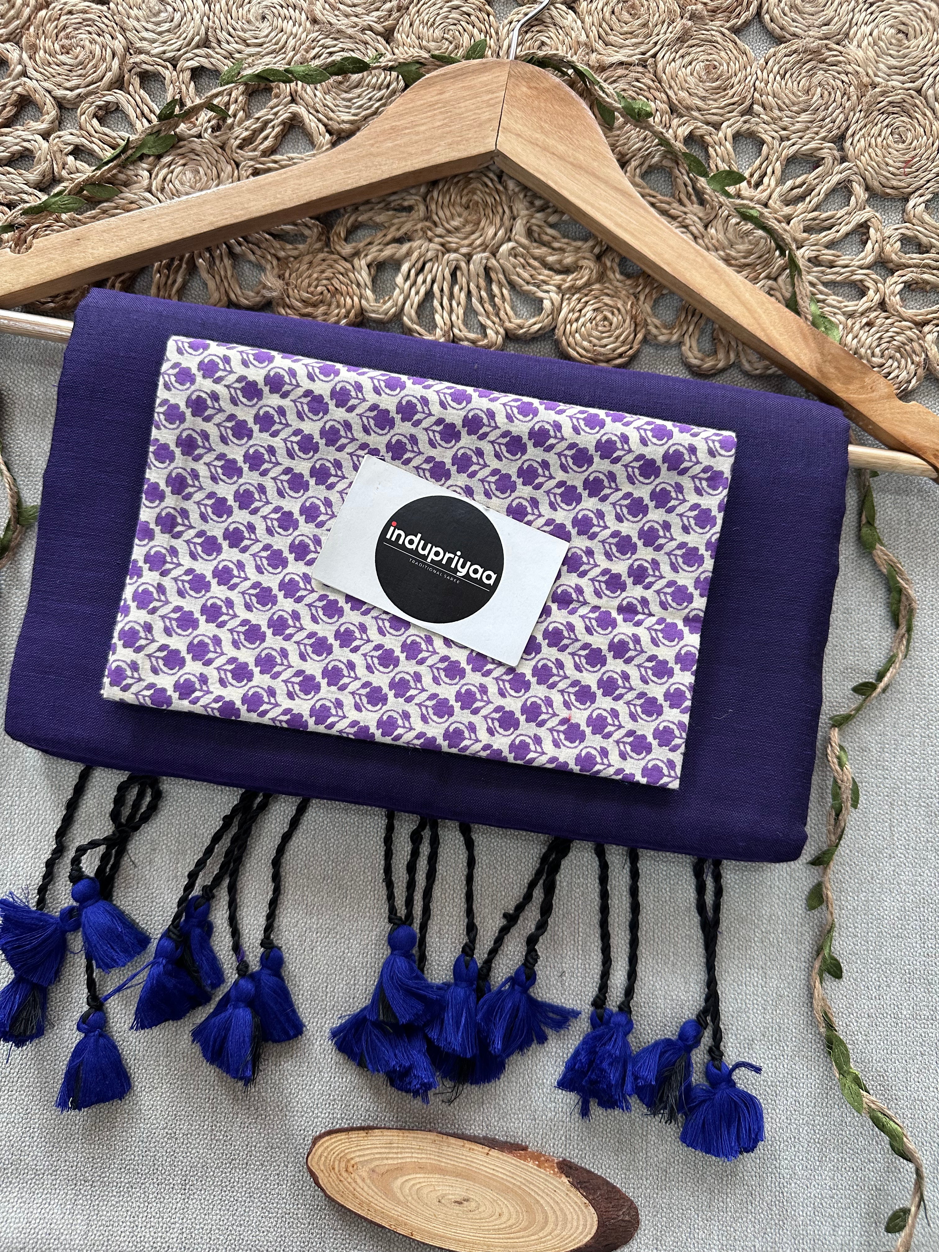 Purple Handloom Cotton Saree With White Print Blouse