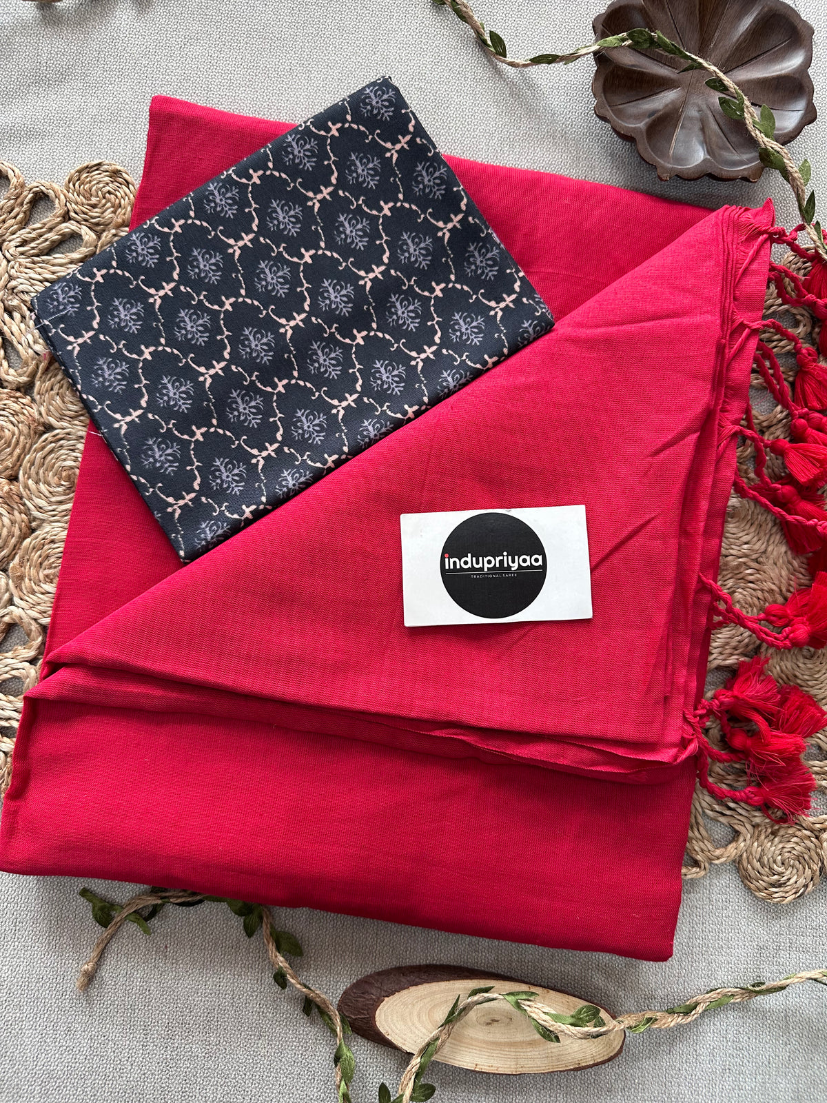Red Handloom Cotton Saree With Black Print Blouse