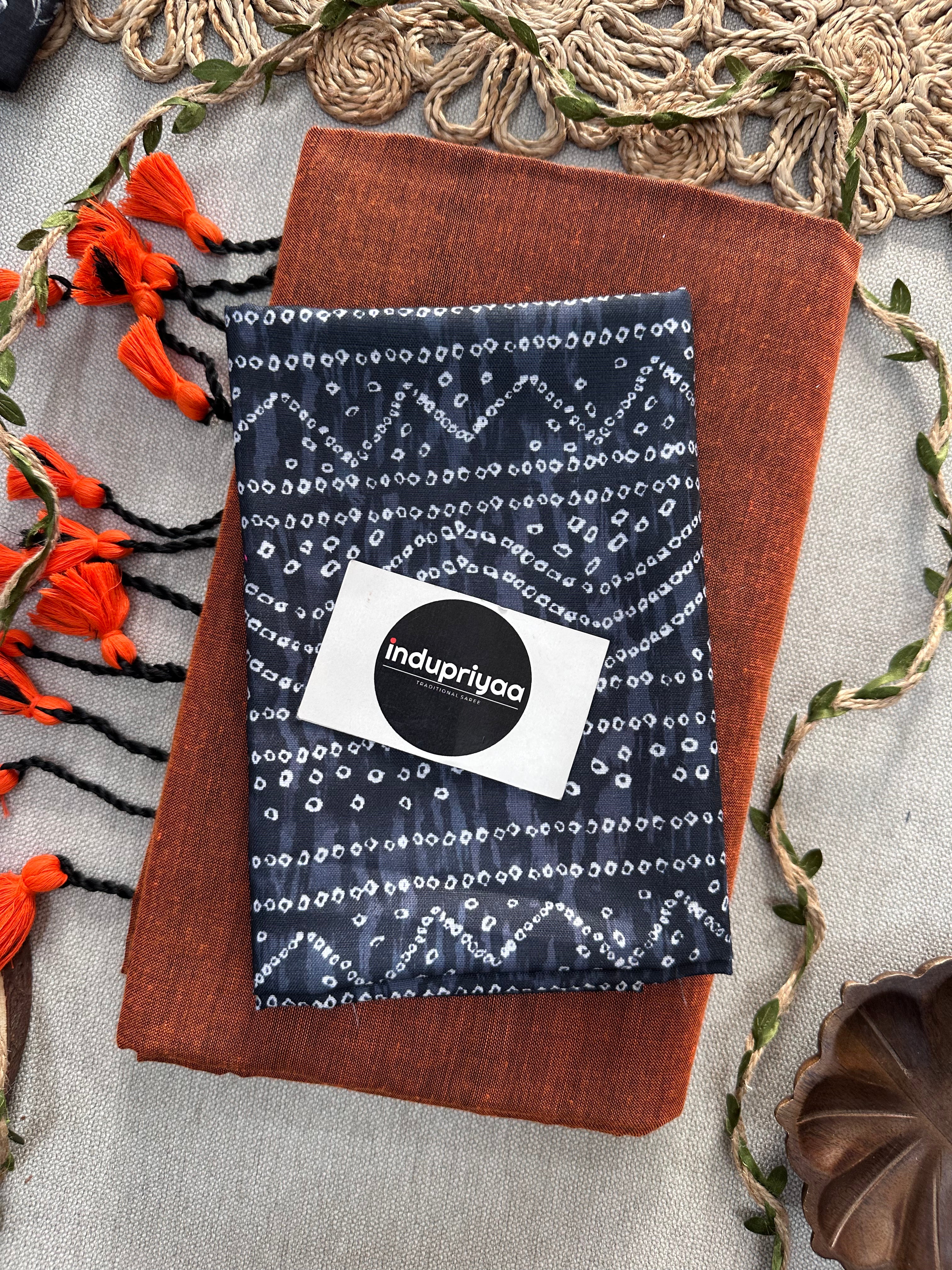 Orange Handloom Cotton Saree With Black Bandhej Print Blouse