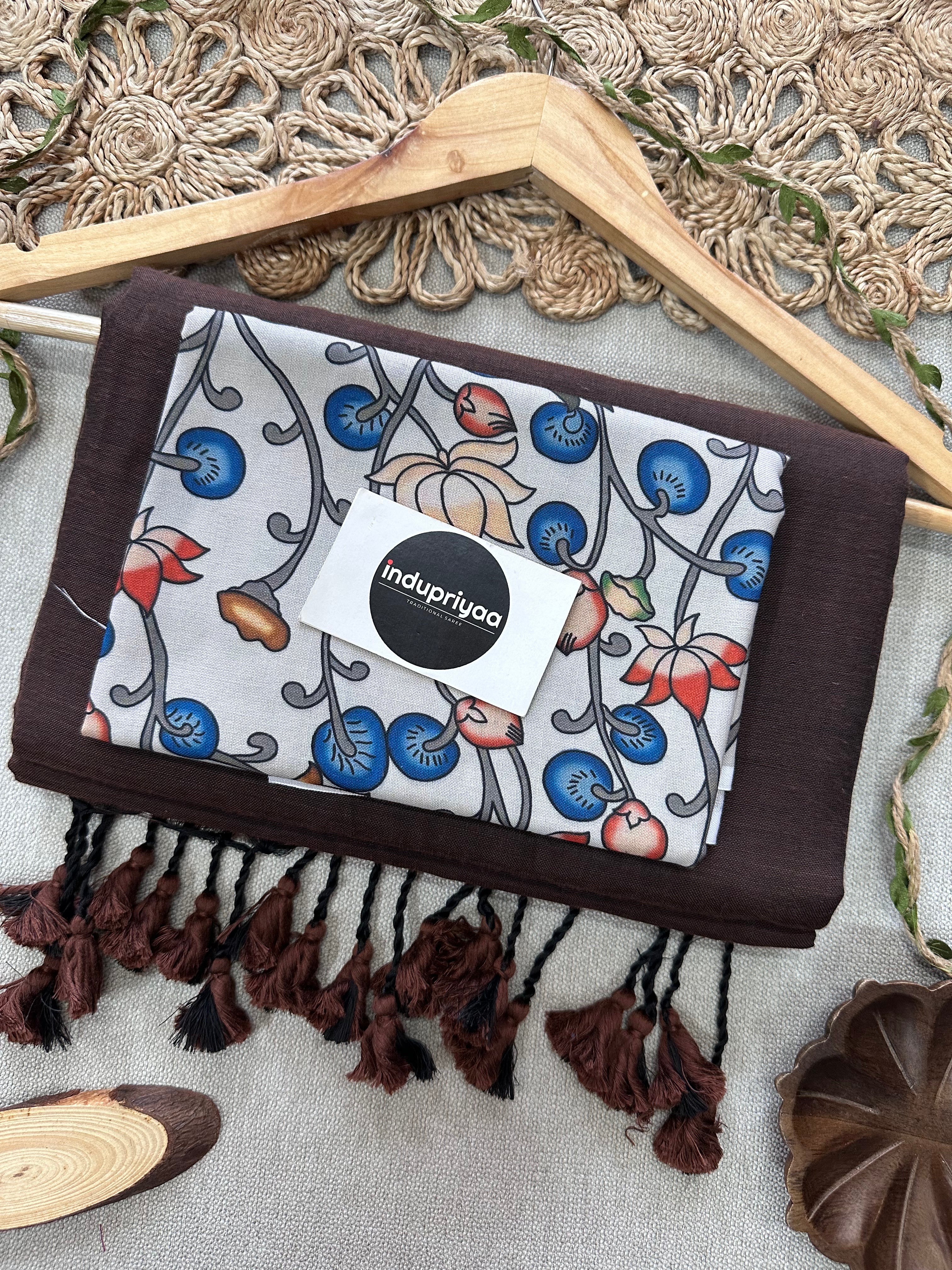 Brown  Handloom Cotton Saree With  Kalmkari Print Blouse