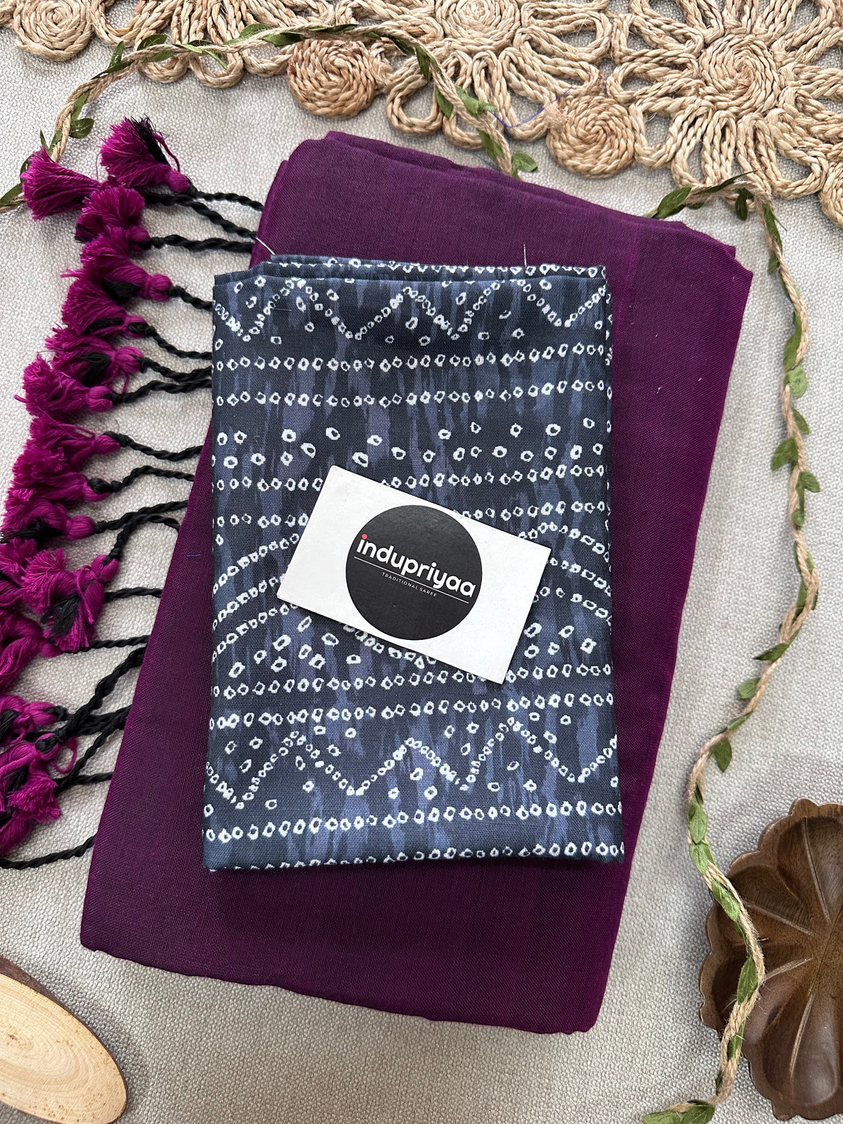 Dark Wine Handloom Cotton Saree With Black Bandhej  Print Blouse