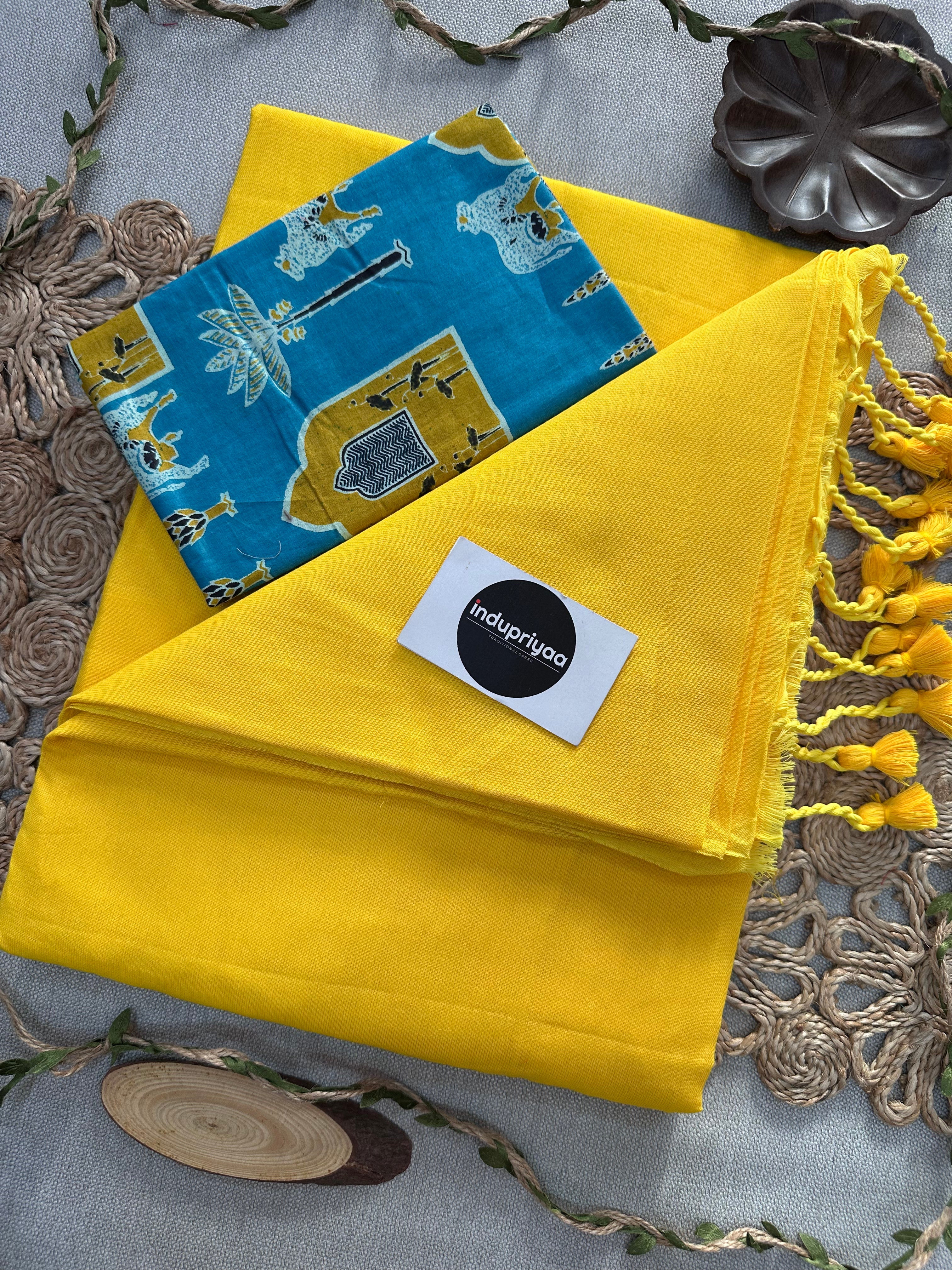 Yellow Handloom Cotton Saree With Sky Print Blouse