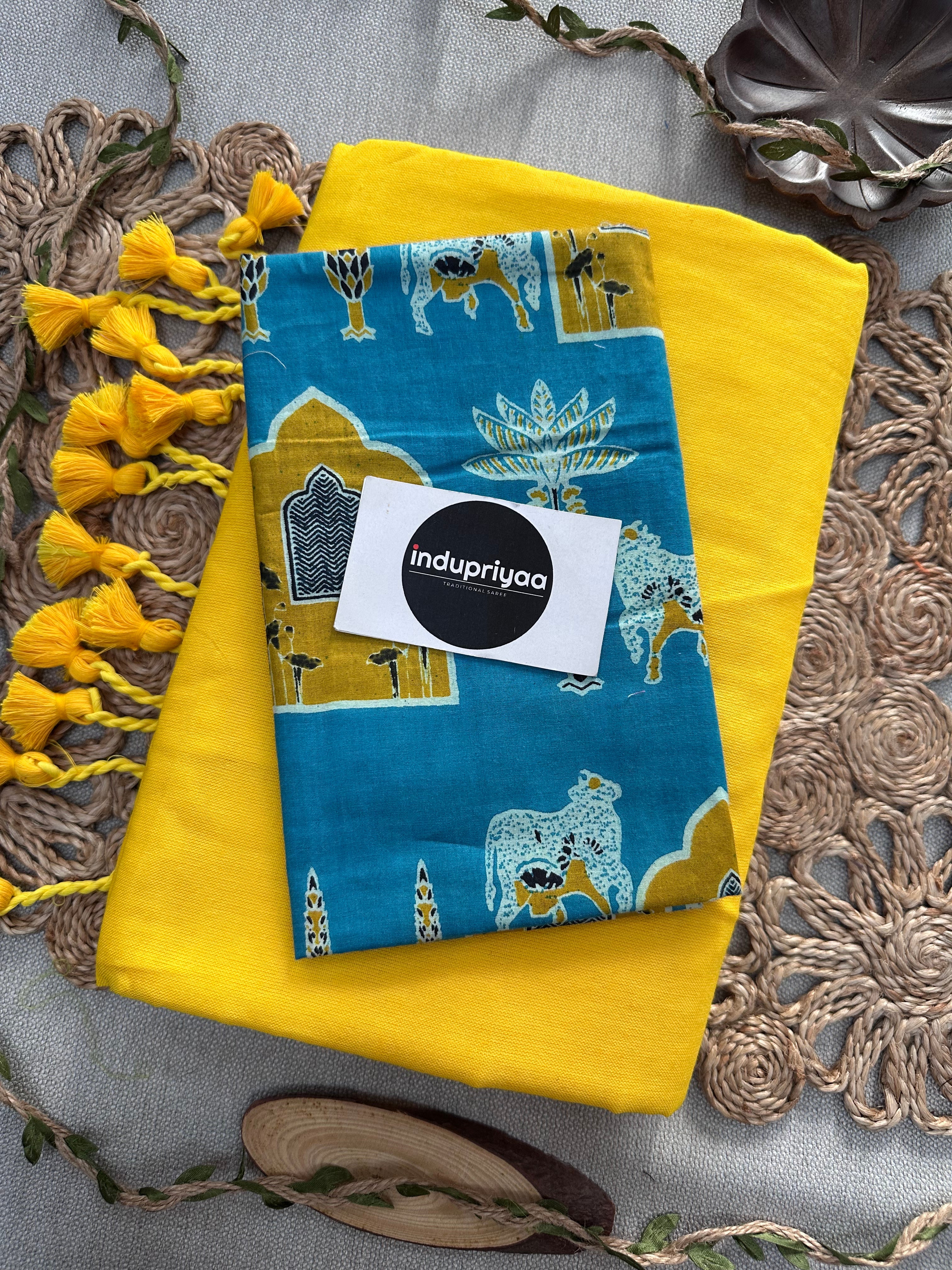 Yellow Handloom Cotton Saree With Sky Print Blouse