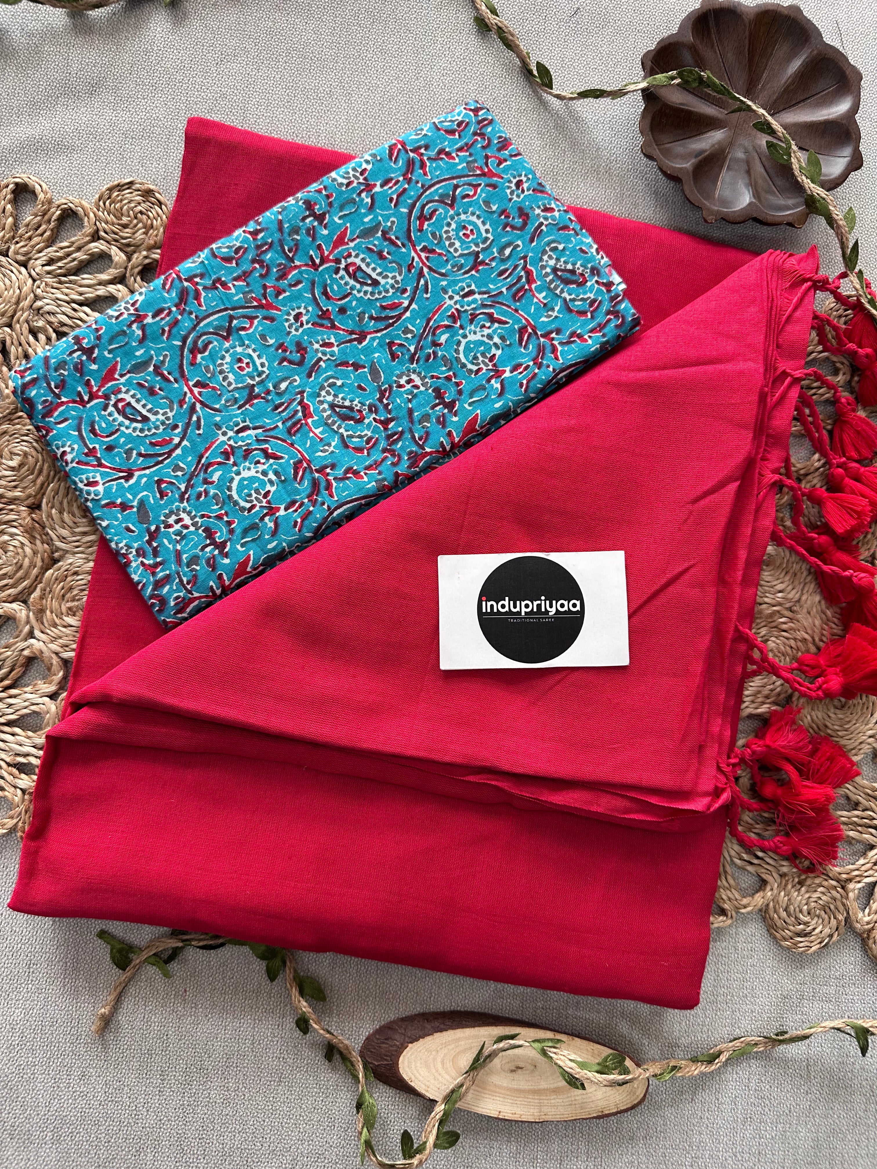 Red Handloom Cotton Saree With Sky  Print Blouse