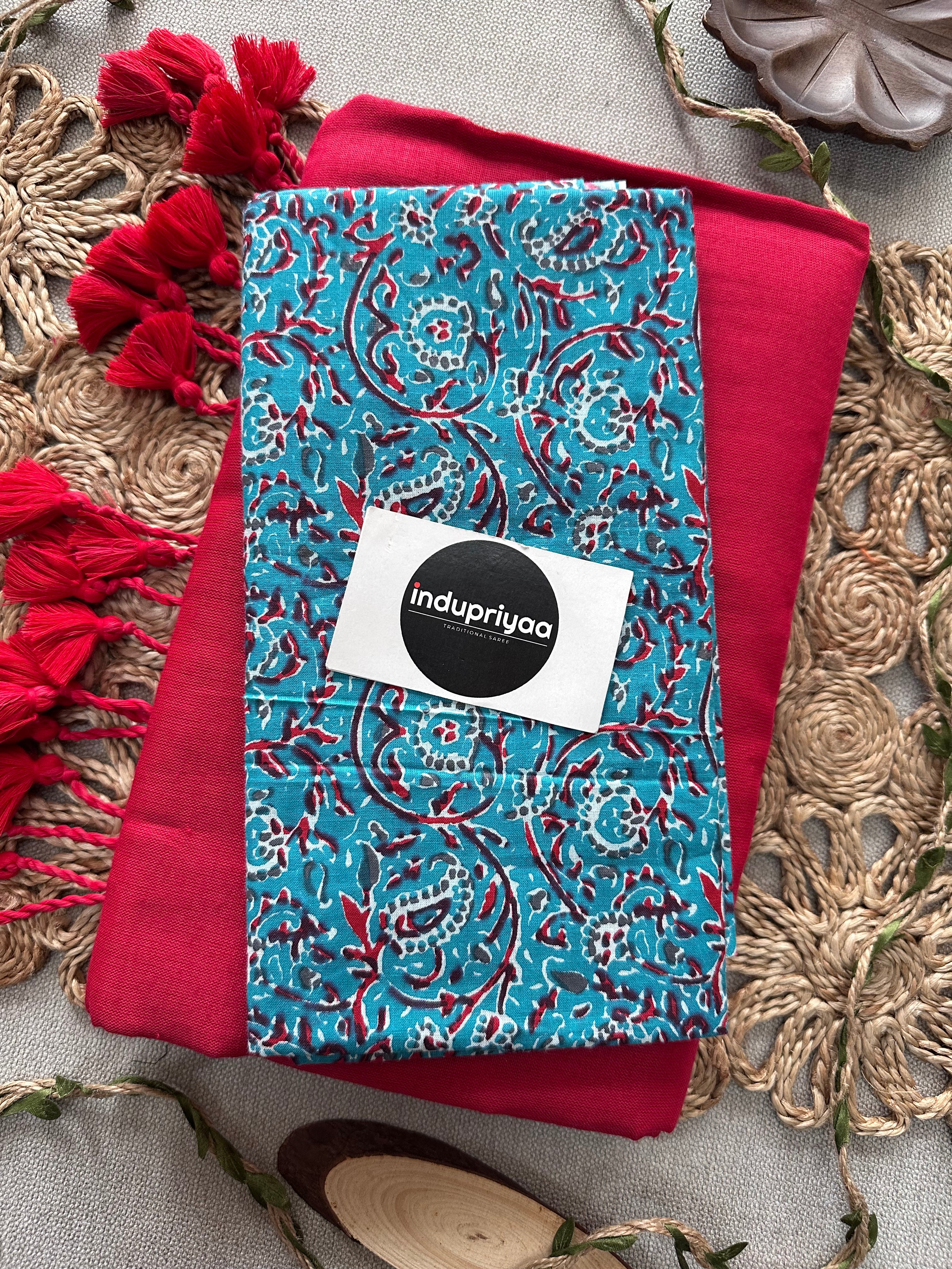 Red Handloom Cotton Saree With Sky  Print Blouse