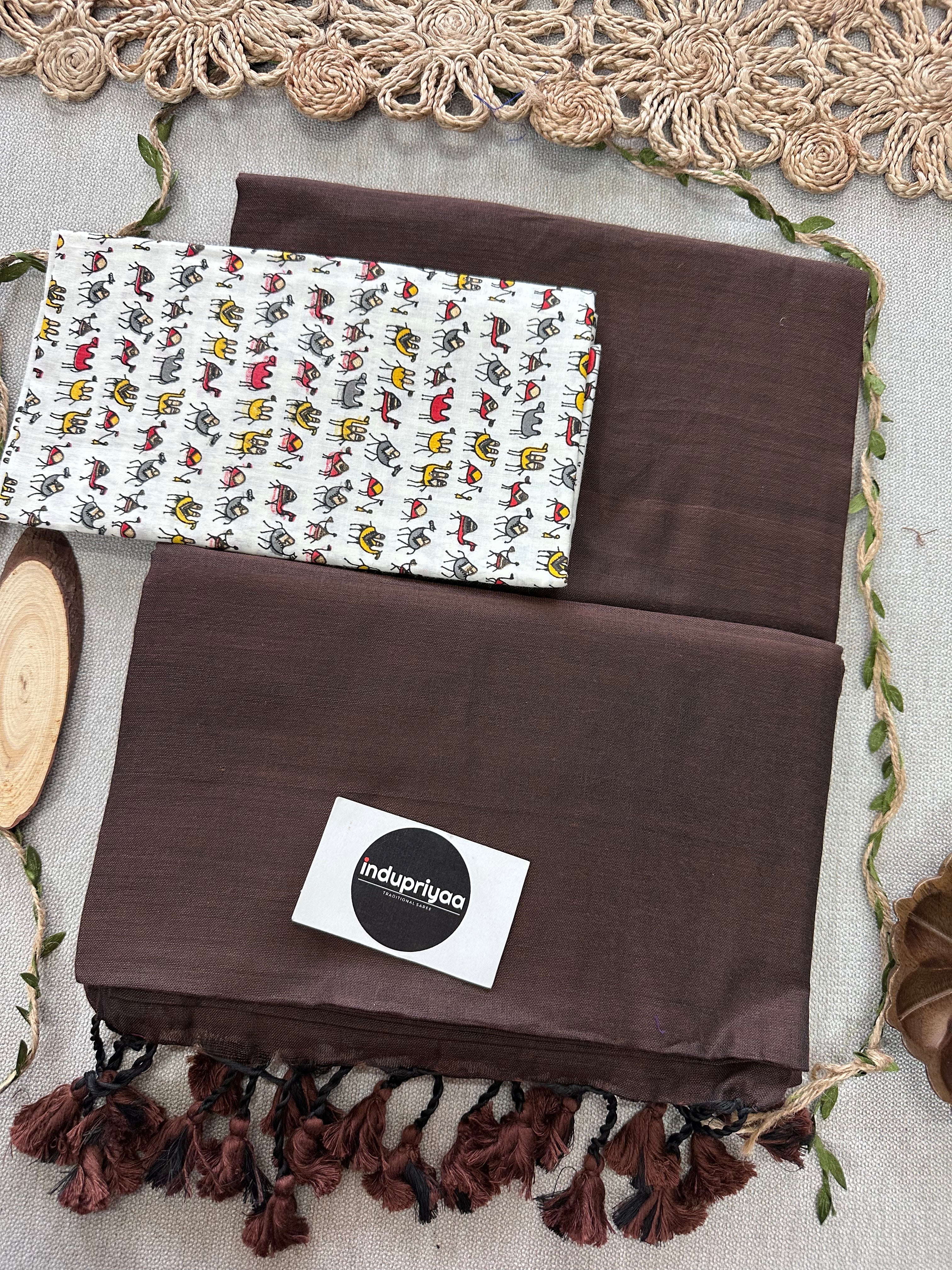Brown Handloom Cotton Saree With Animal Print Blouse