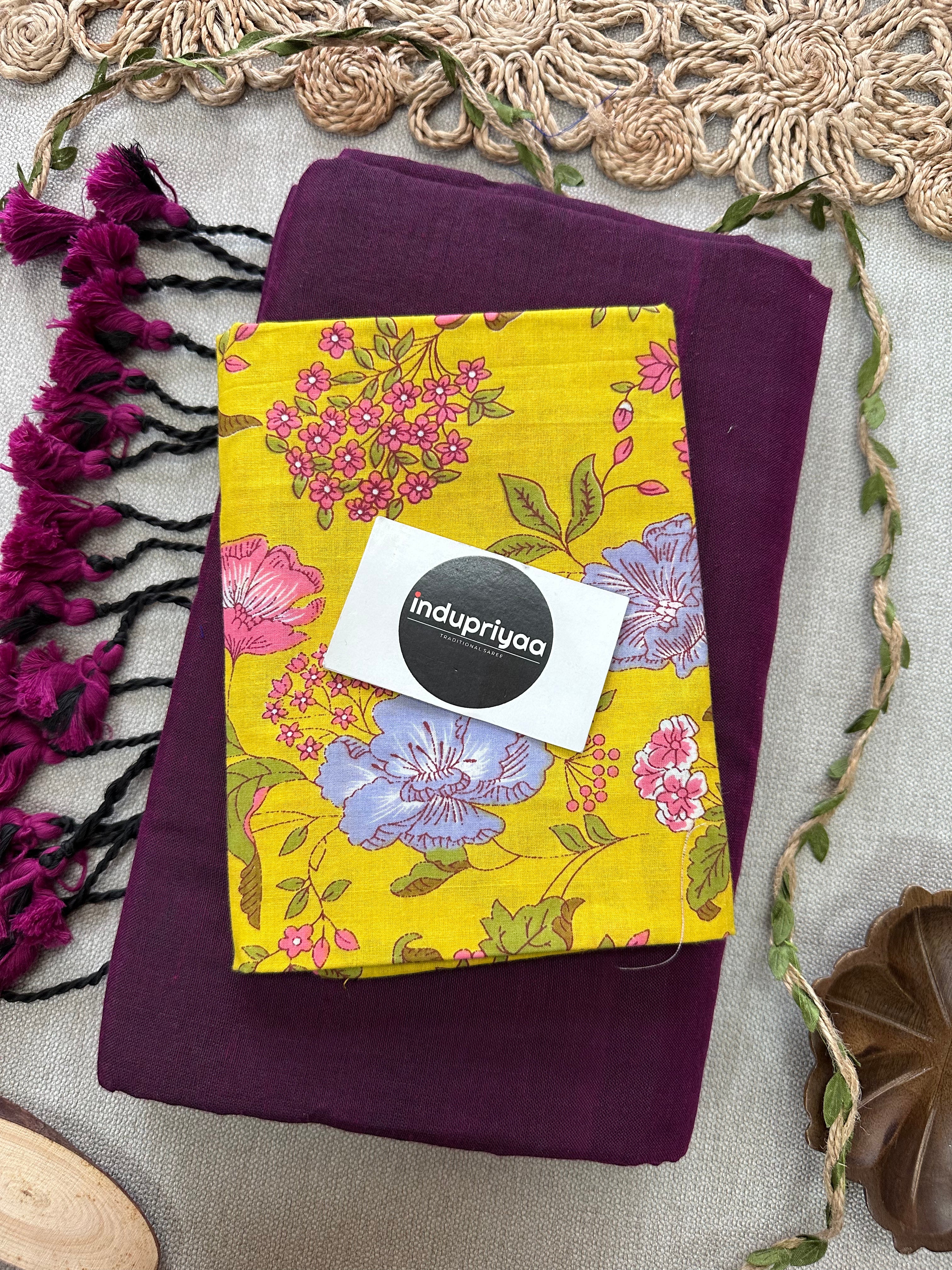 Dark Wine Handloom Cotton Saree With Flower Print Blouse