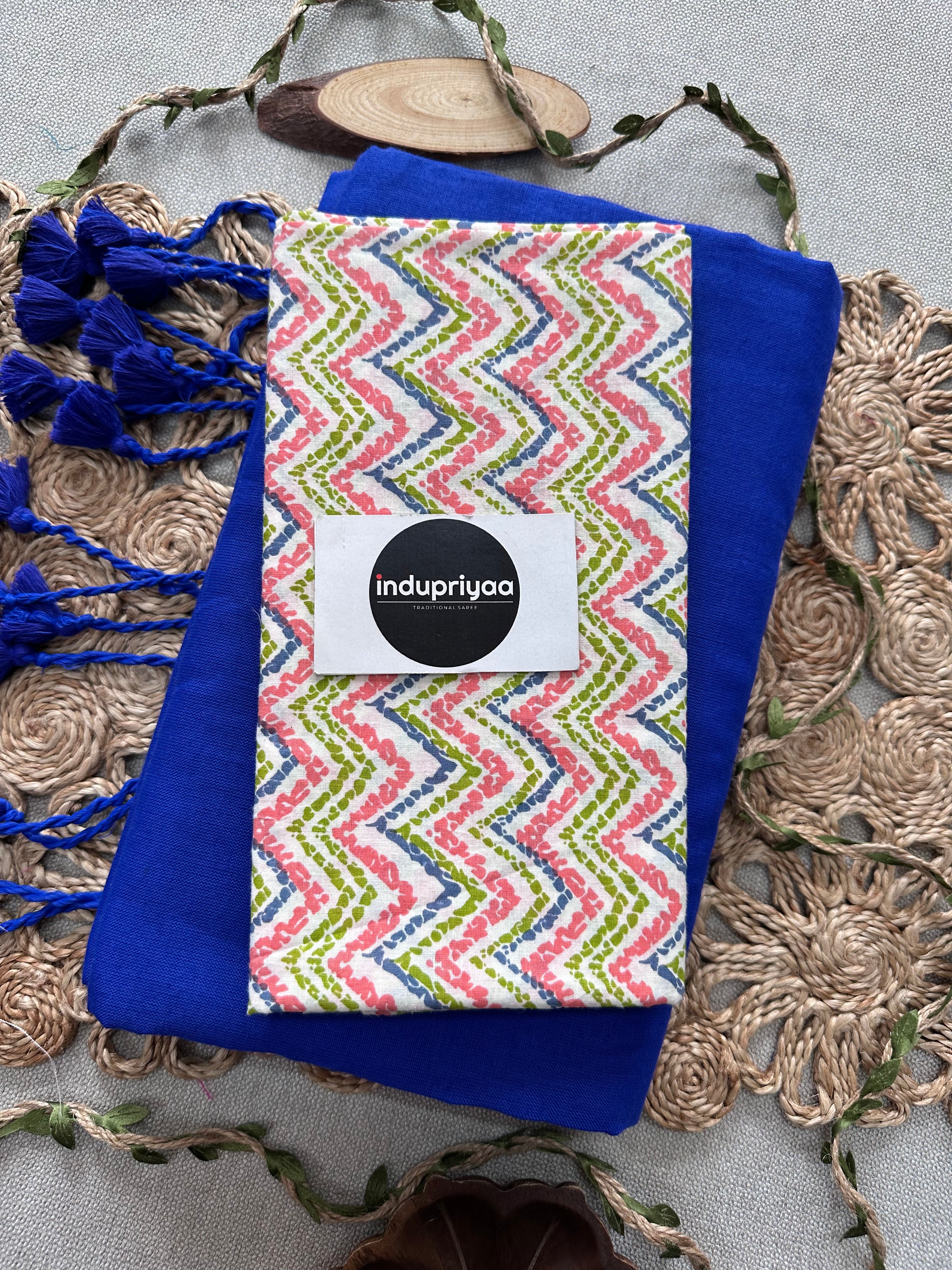 Royal Blue Handloom Cotton Saree With Zig Zag Print Blouse