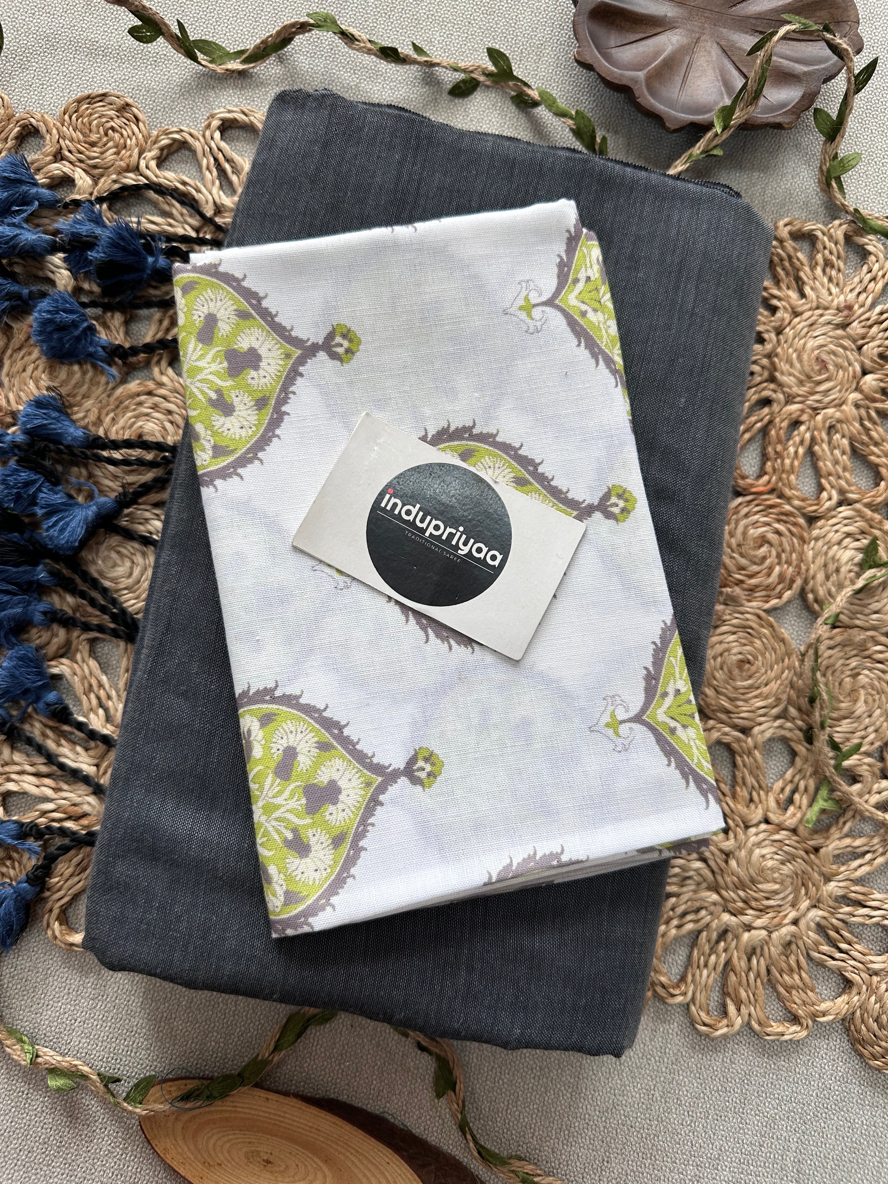 Dark Grey Handloom Cotton Saree With White Print Blouse