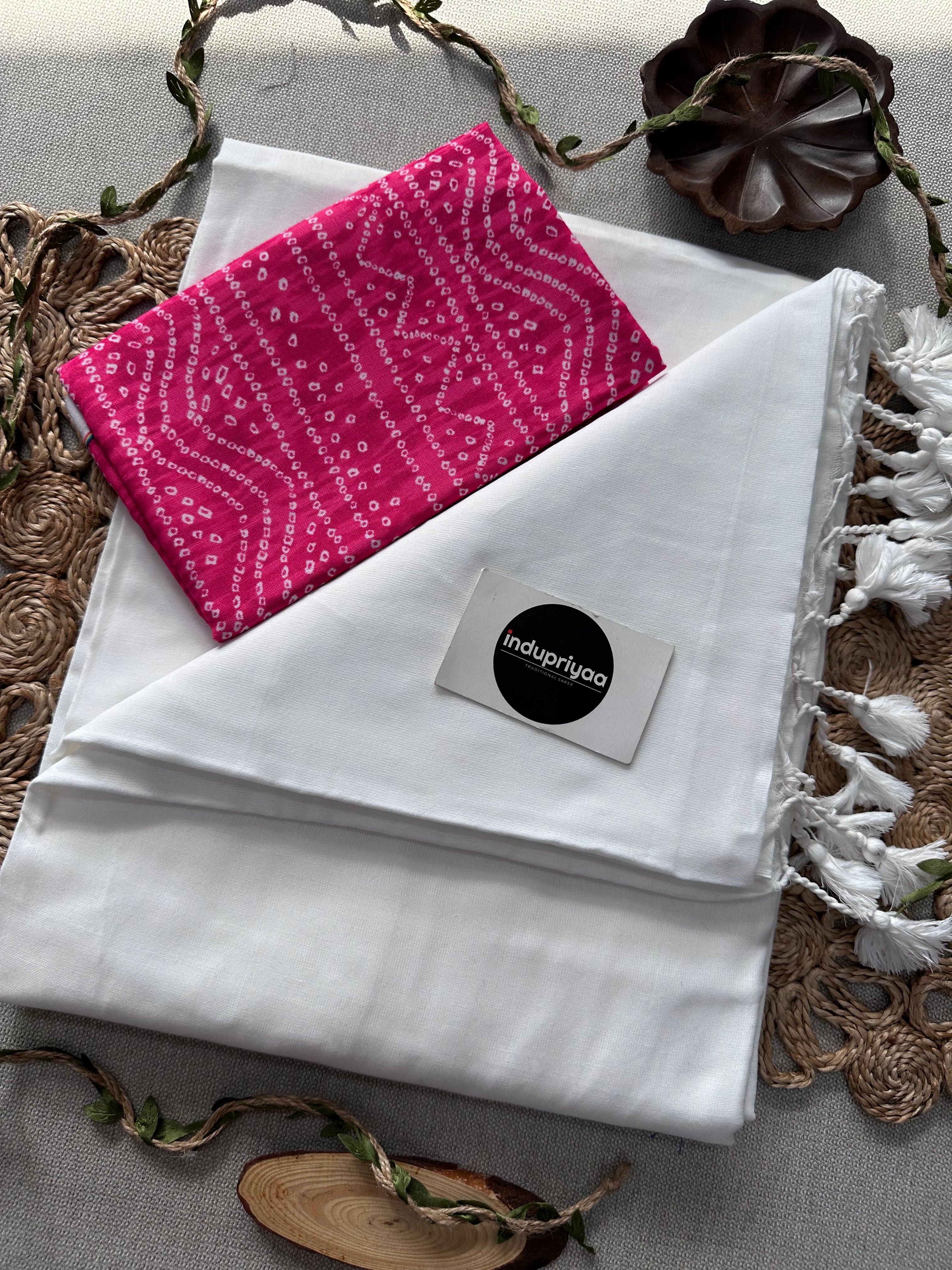 White Handloom Cotton Saree With Pik Bandhej Print Blouse