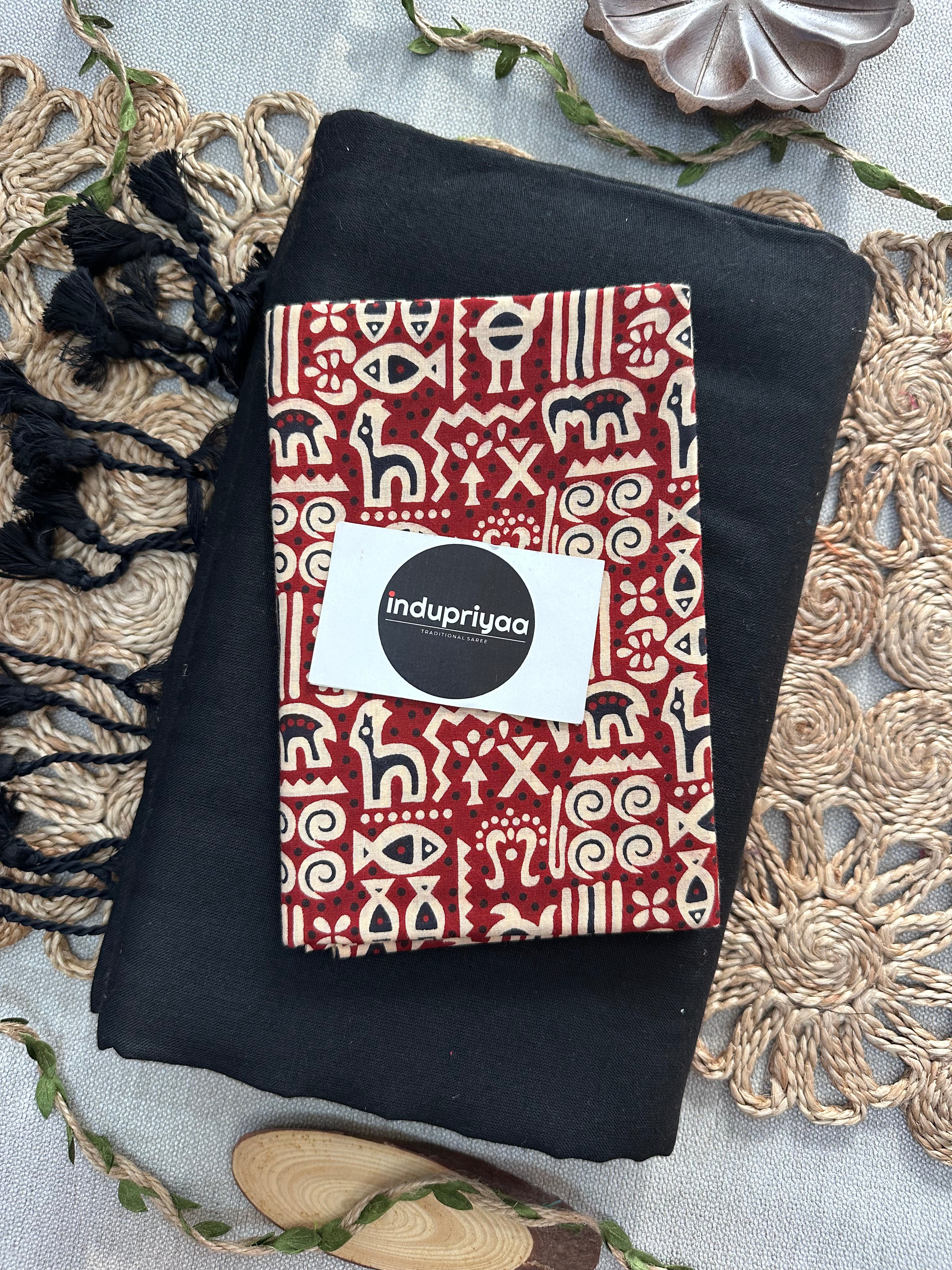 Black Handloom Cotton Saree With  Animal Print Blouse