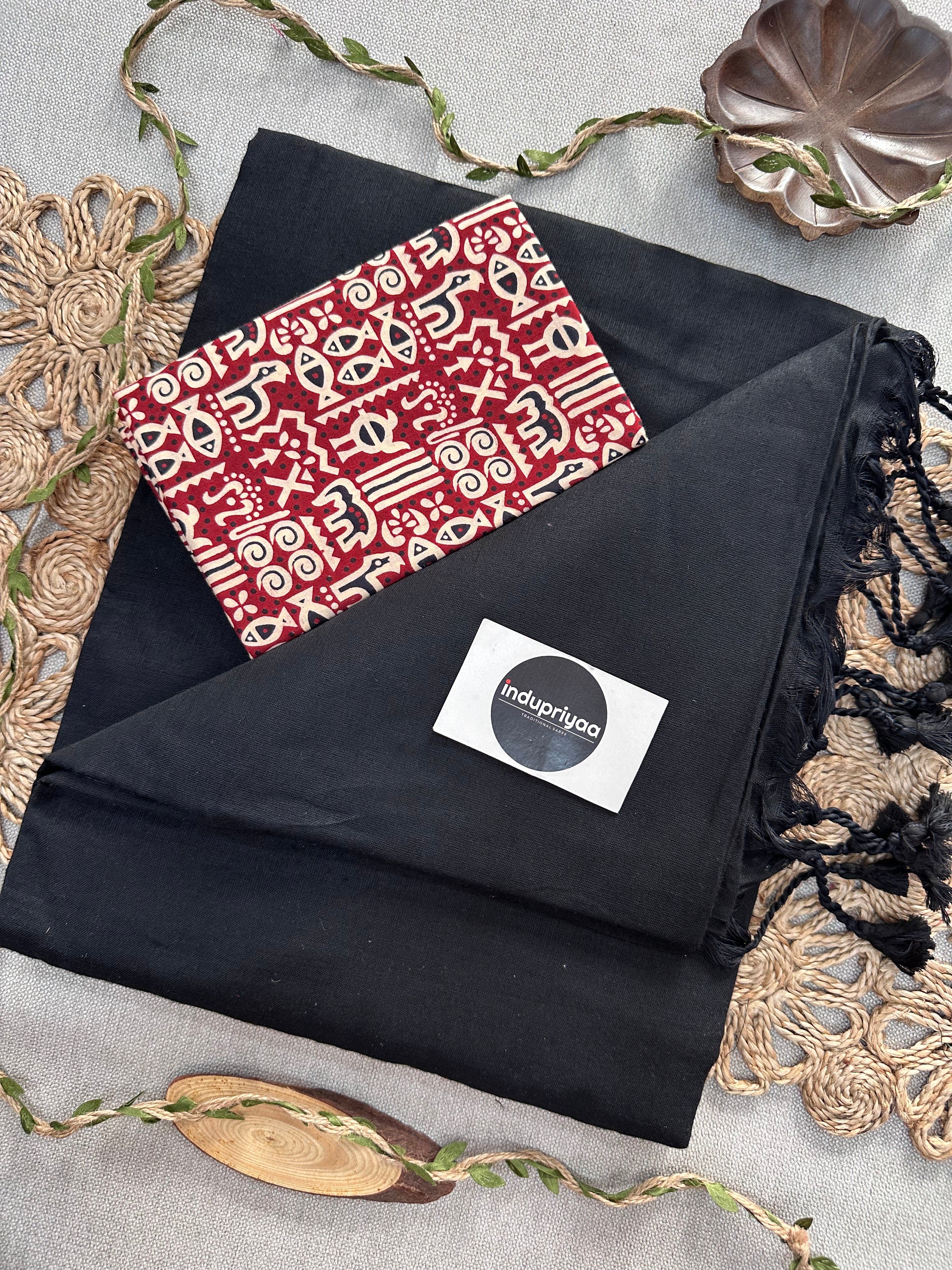 Black Handloom Cotton Saree With  Animal Print Blouse