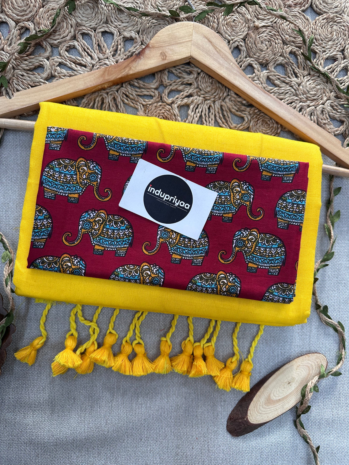 Yellow Handloom Cotton Saree With  Elephant Print Blouse