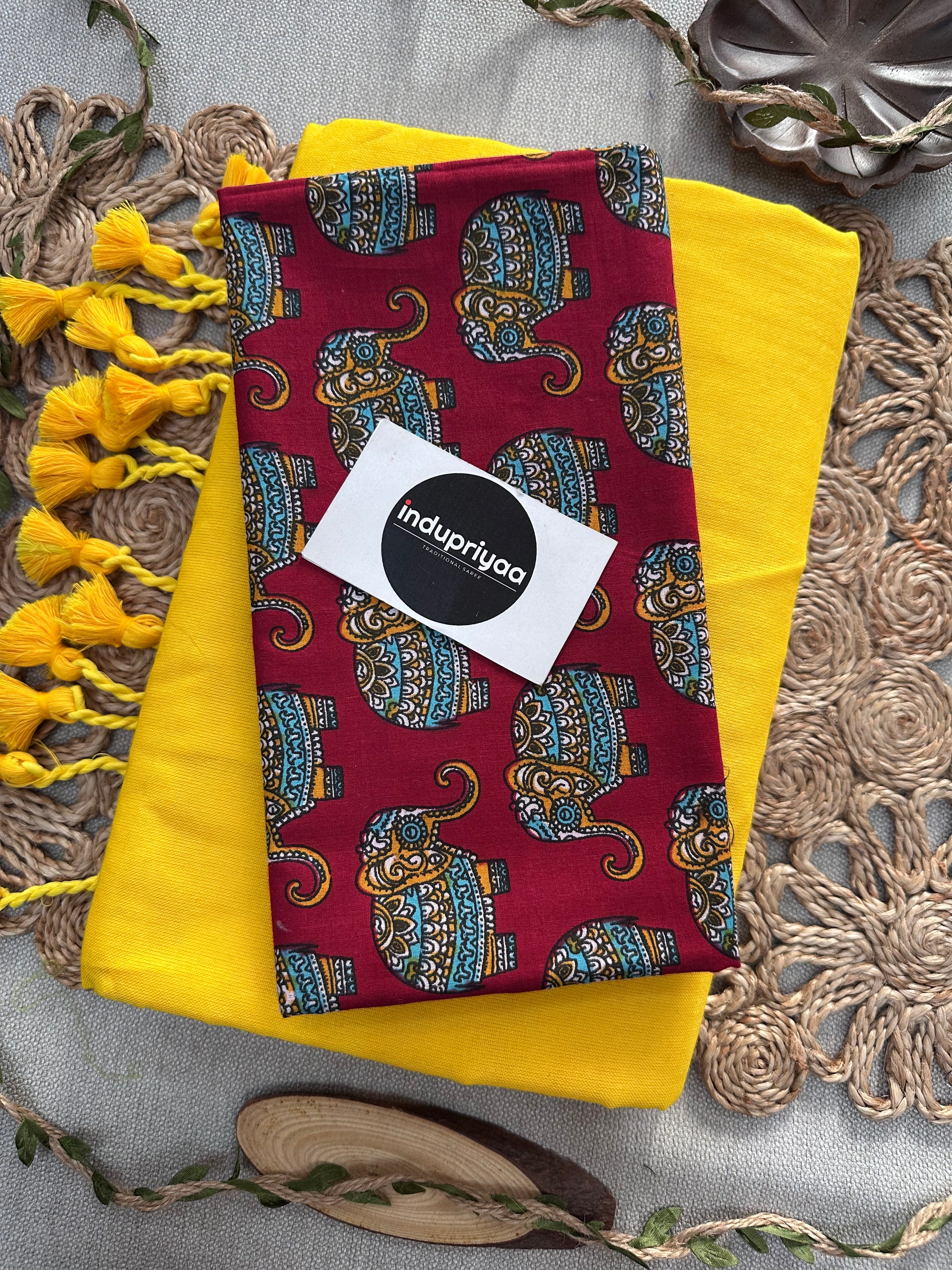 Yellow Handloom Cotton Saree With  Elephant Print Blouse