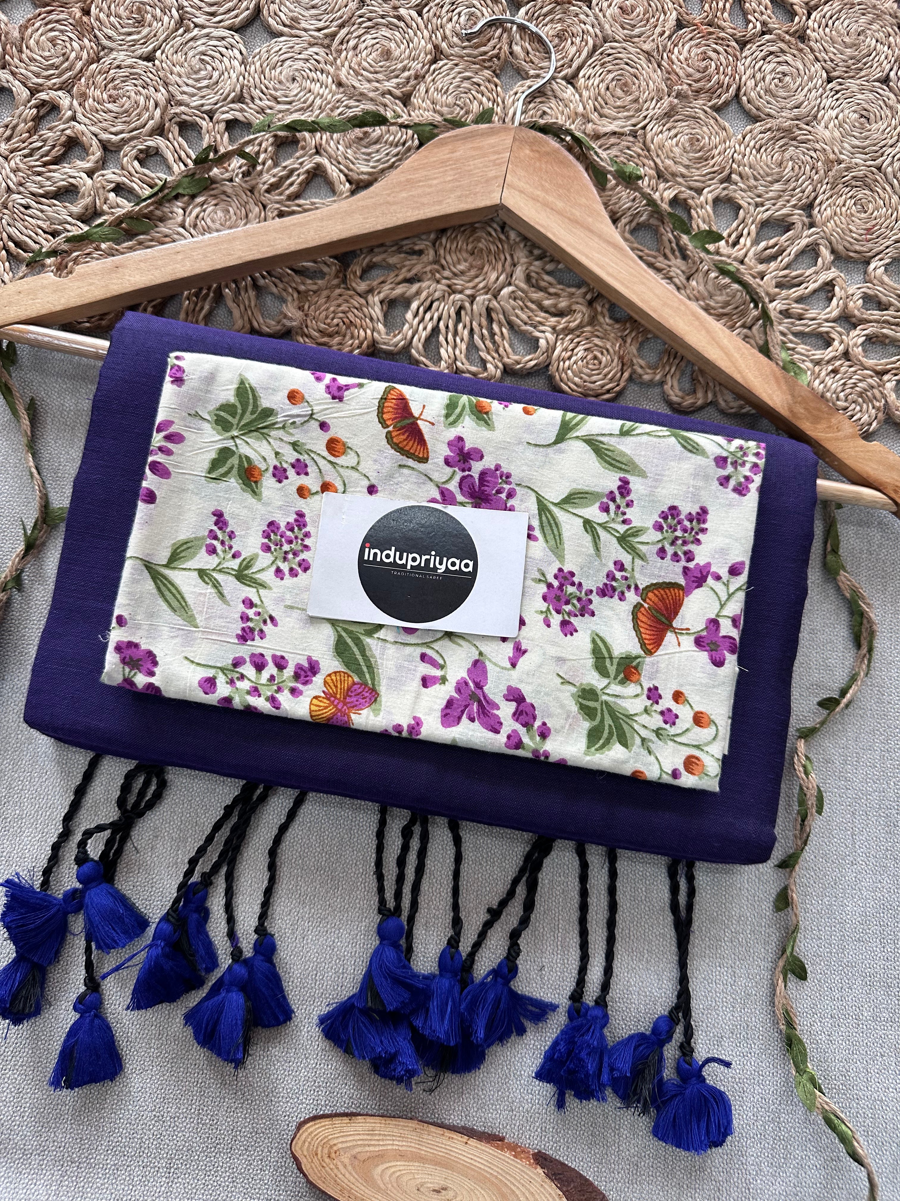 Purple Handloom Cotton Saree With  Flower Print Blouse