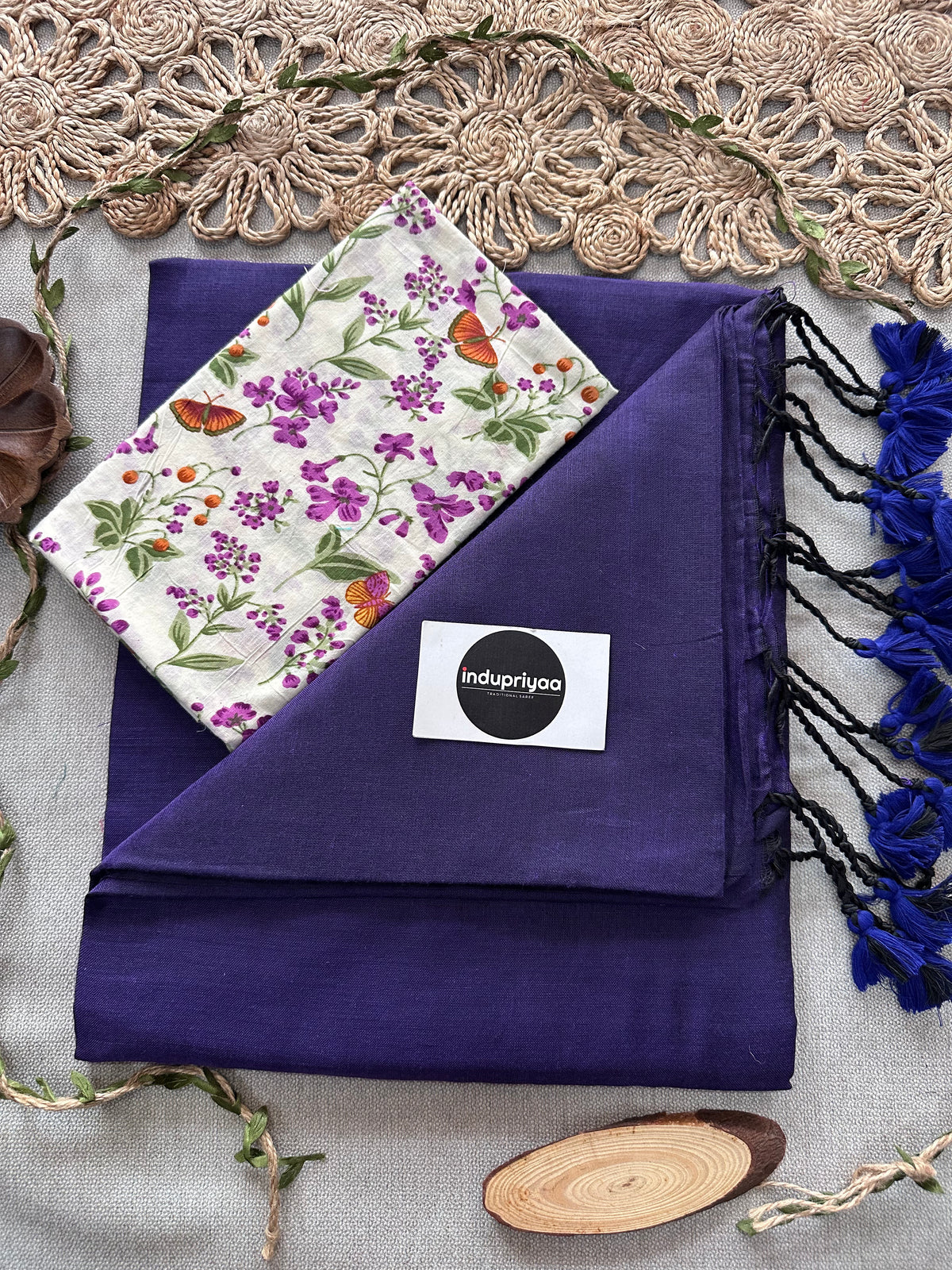 Purple Handloom Cotton Saree With  Flower Print Blouse