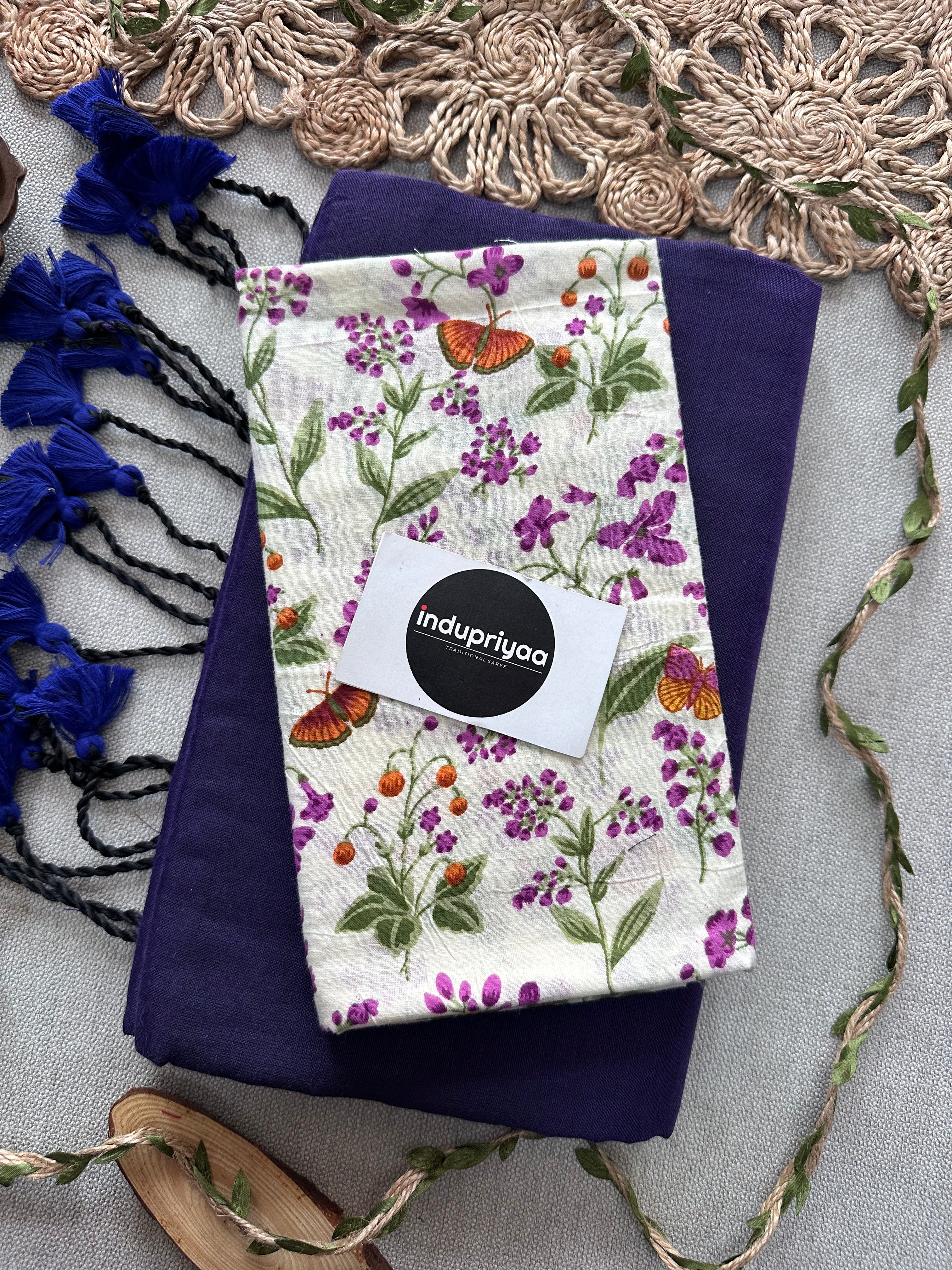 Purple Handloom Cotton Saree With  Flower Print Blouse